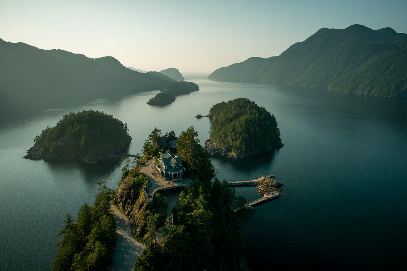Küstenlandschaft Haus Auf Felsen Mit Dock Und Inseln | Reisen und Outdoor | Themen und Hobbys