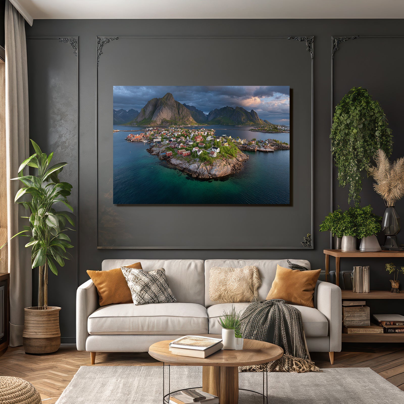 Küstenlandschaft Mit Bunten Haeusern Und Insel In Norwegen