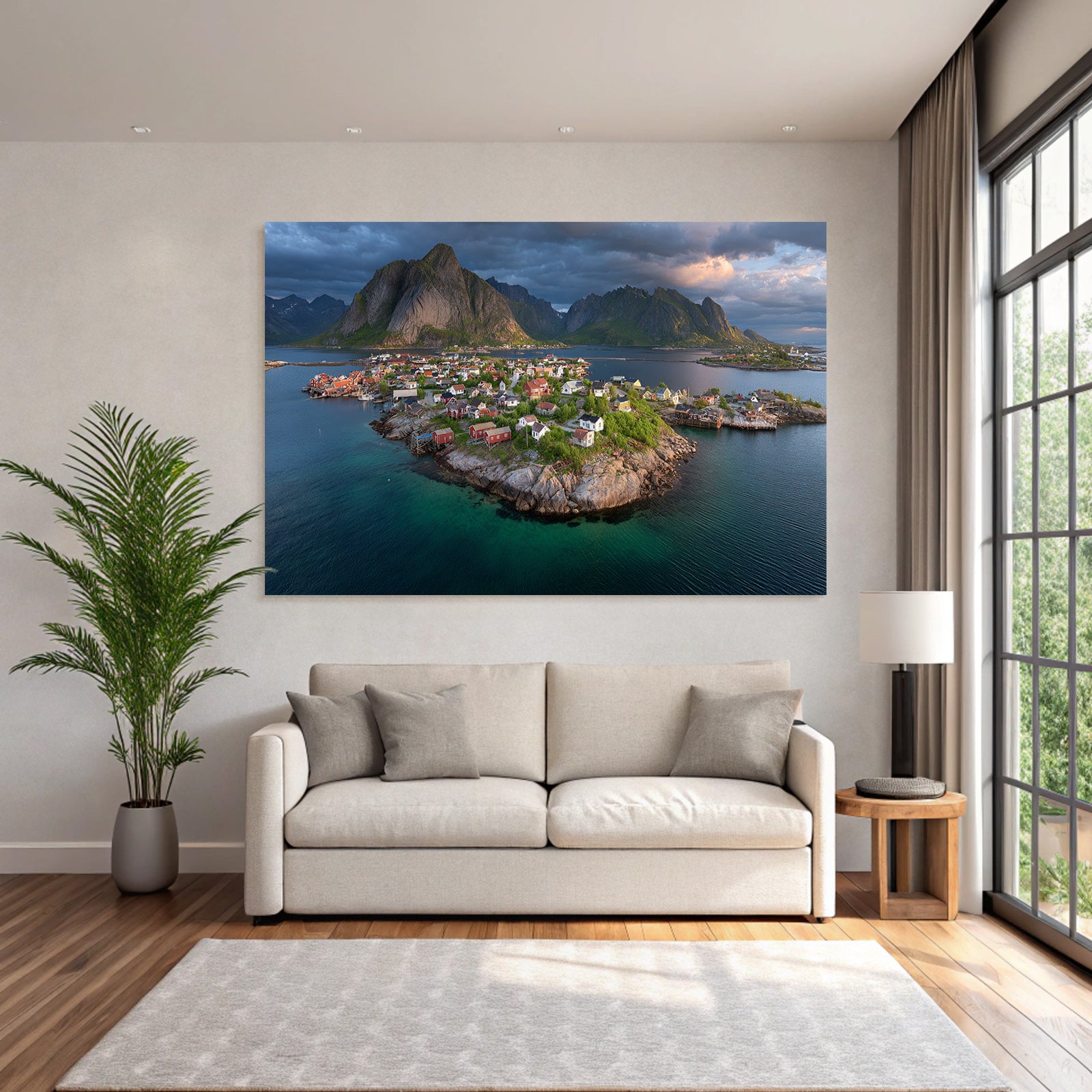 Küstenlandschaft Mit Bunten Haeusern Und Insel In Norwegen