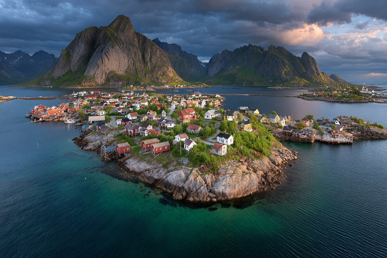 Küstenlandschaft Mit Bunten Haeusern Und Insel In Norwegen | Reisen und Outdoor | Themen und Hobbys