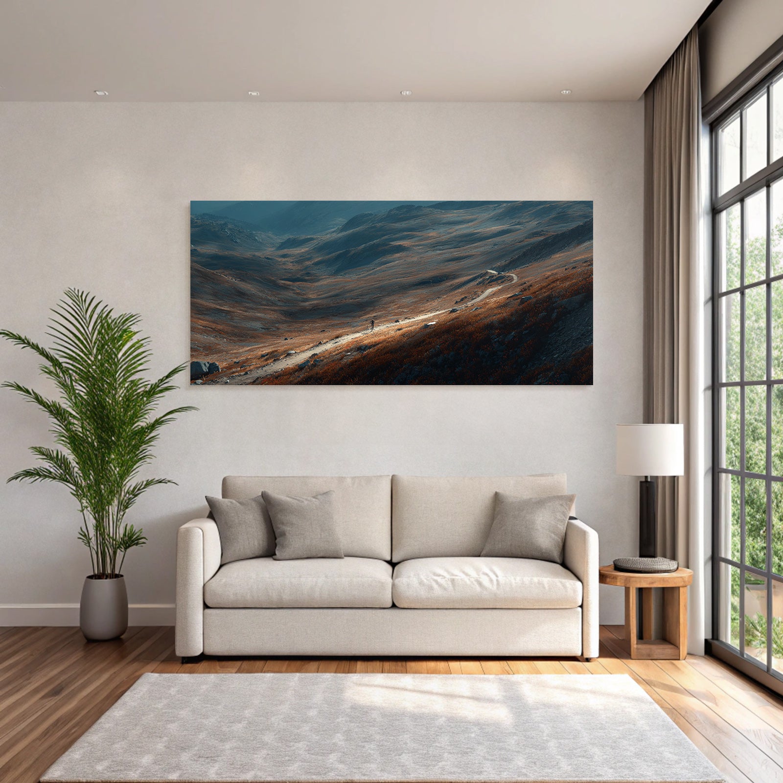 Landschaft Mit Weg Und Einer Person Auf Den Hügeln
