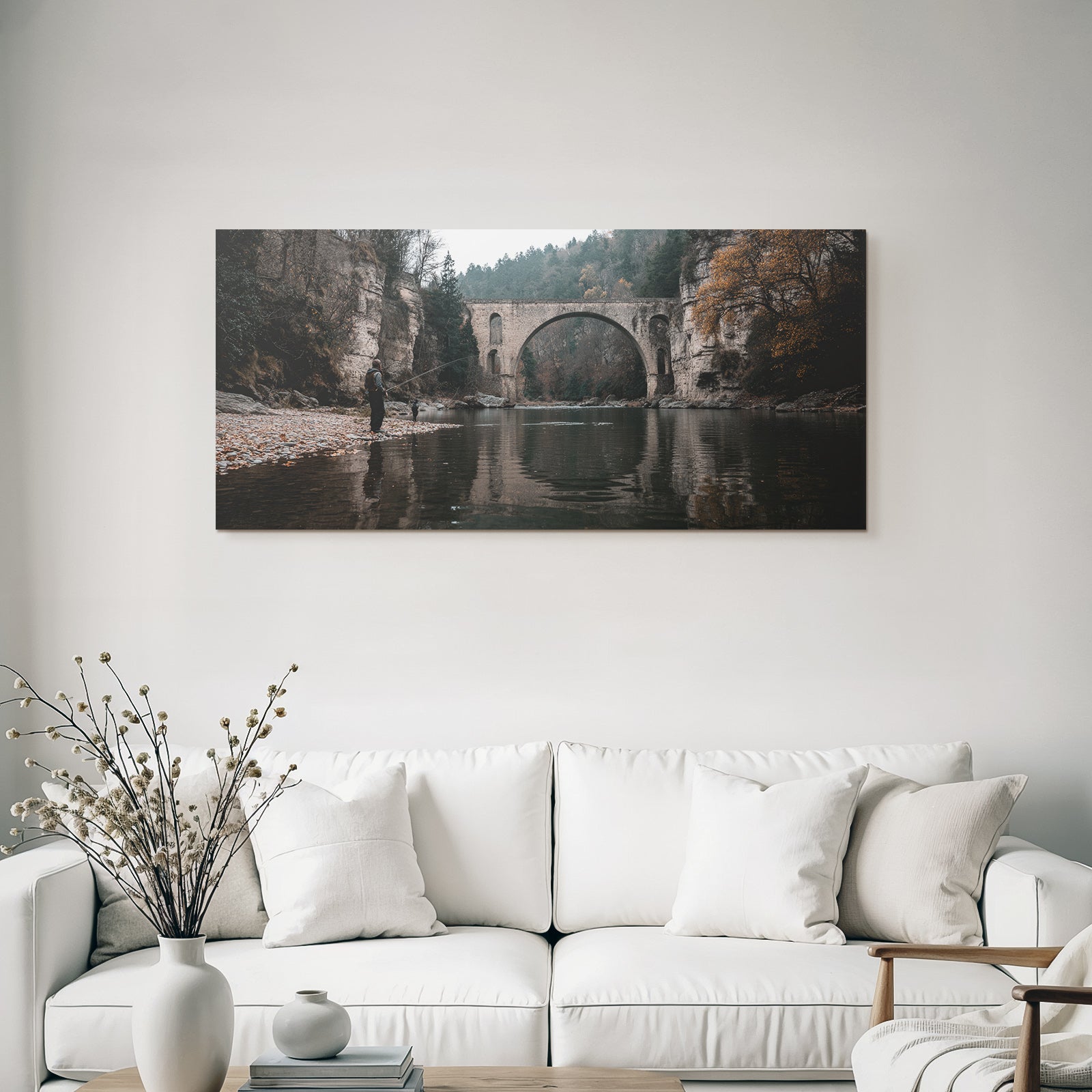 Malerische Landschaft Mit Fischer Und Brücke Im Herbst