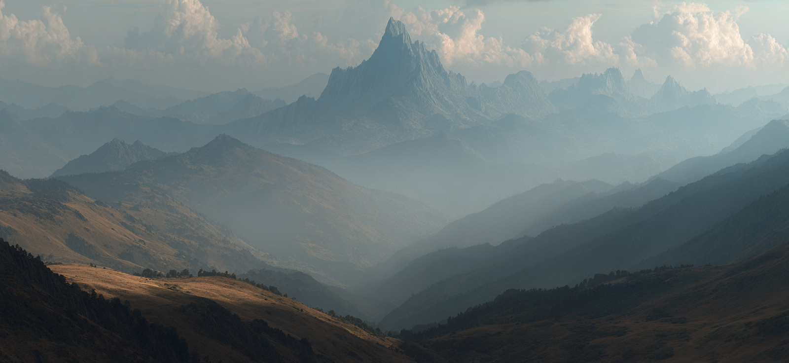 Panoramaansicht Von Bergigem Terrain Mit Nebel Und Himmel | Reisen und Outdoor | Themen und Hobbys