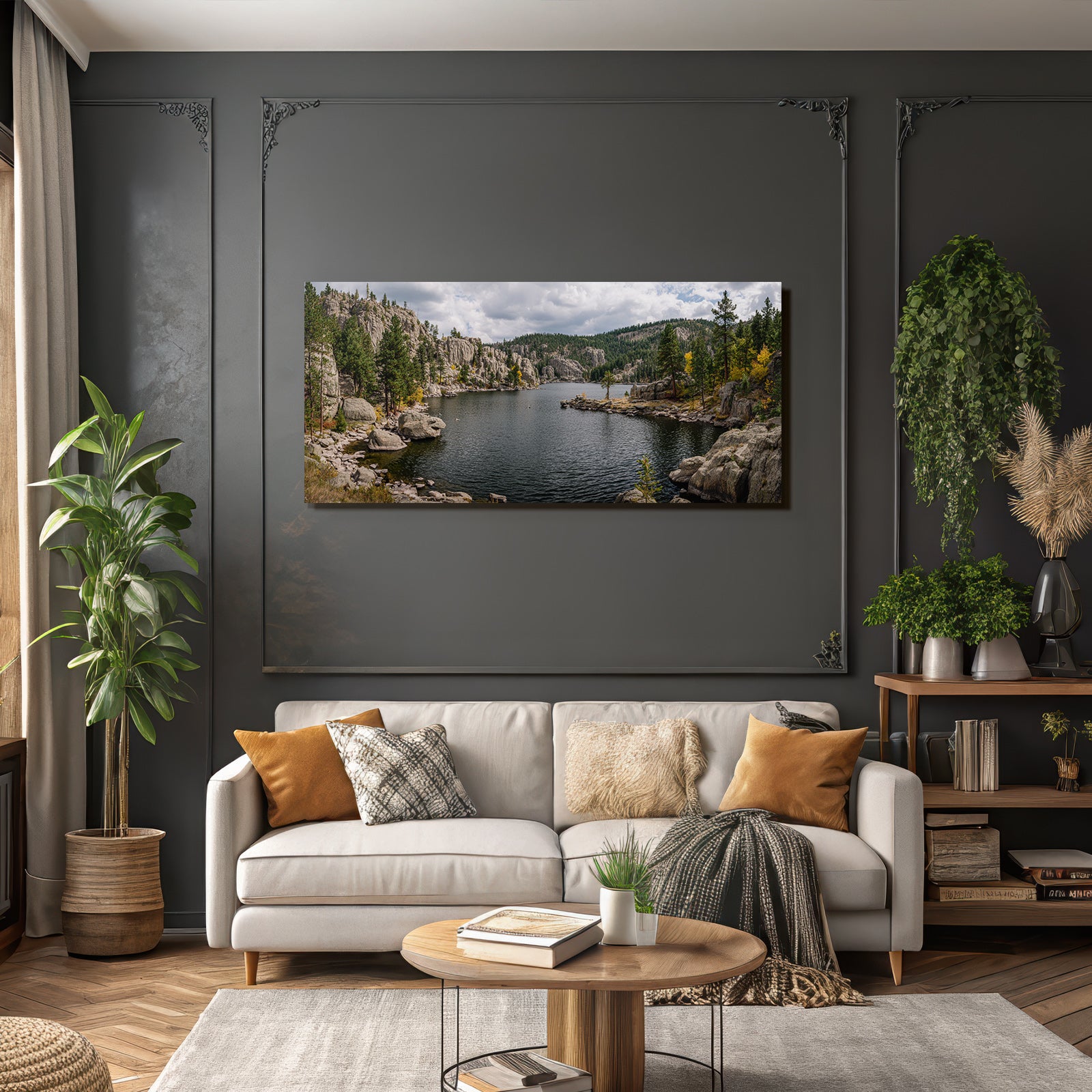 Panoramablick Ruhige Landschaft Herbstliche Fauna Wasser Klippen Tannenbaume