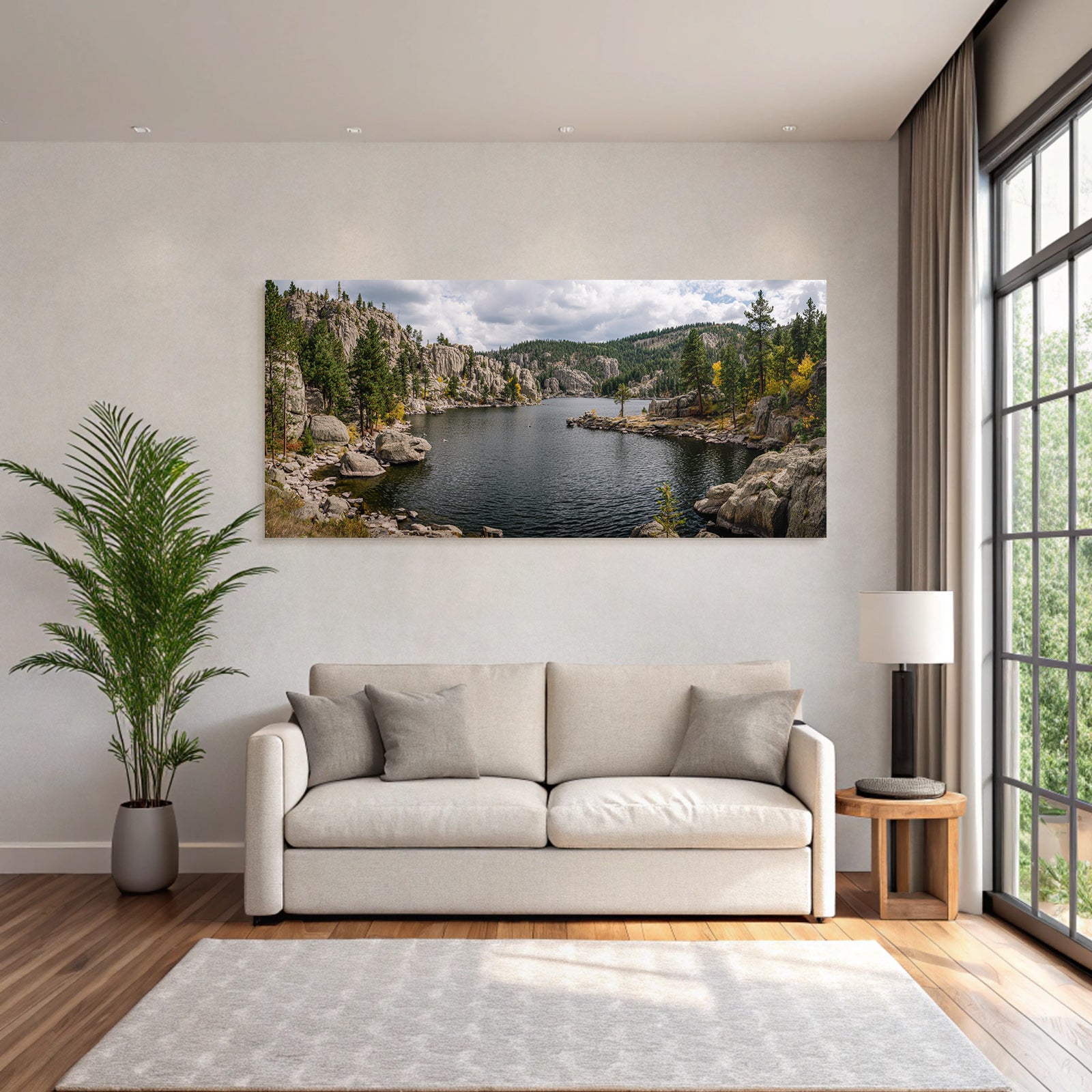 Panoramablick Ruhige Landschaft Herbstliche Fauna Wasser Klippen Tannenbaume