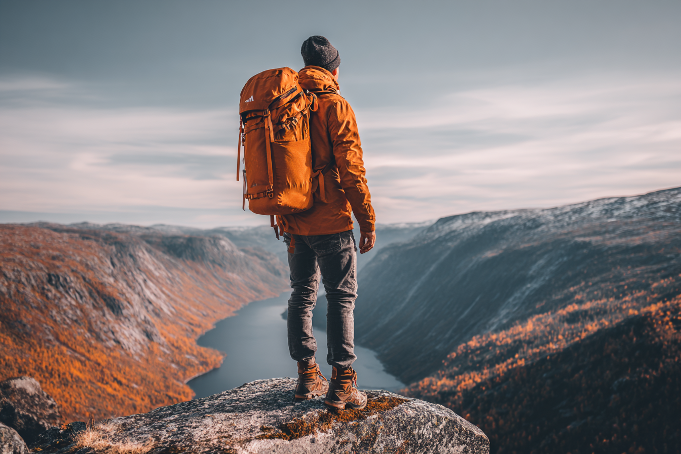 Person Auf Felsvorsprung Ausblick Auf Berge Mit Herbstlaub | Reisen und Outdoor | Themen und Hobbys