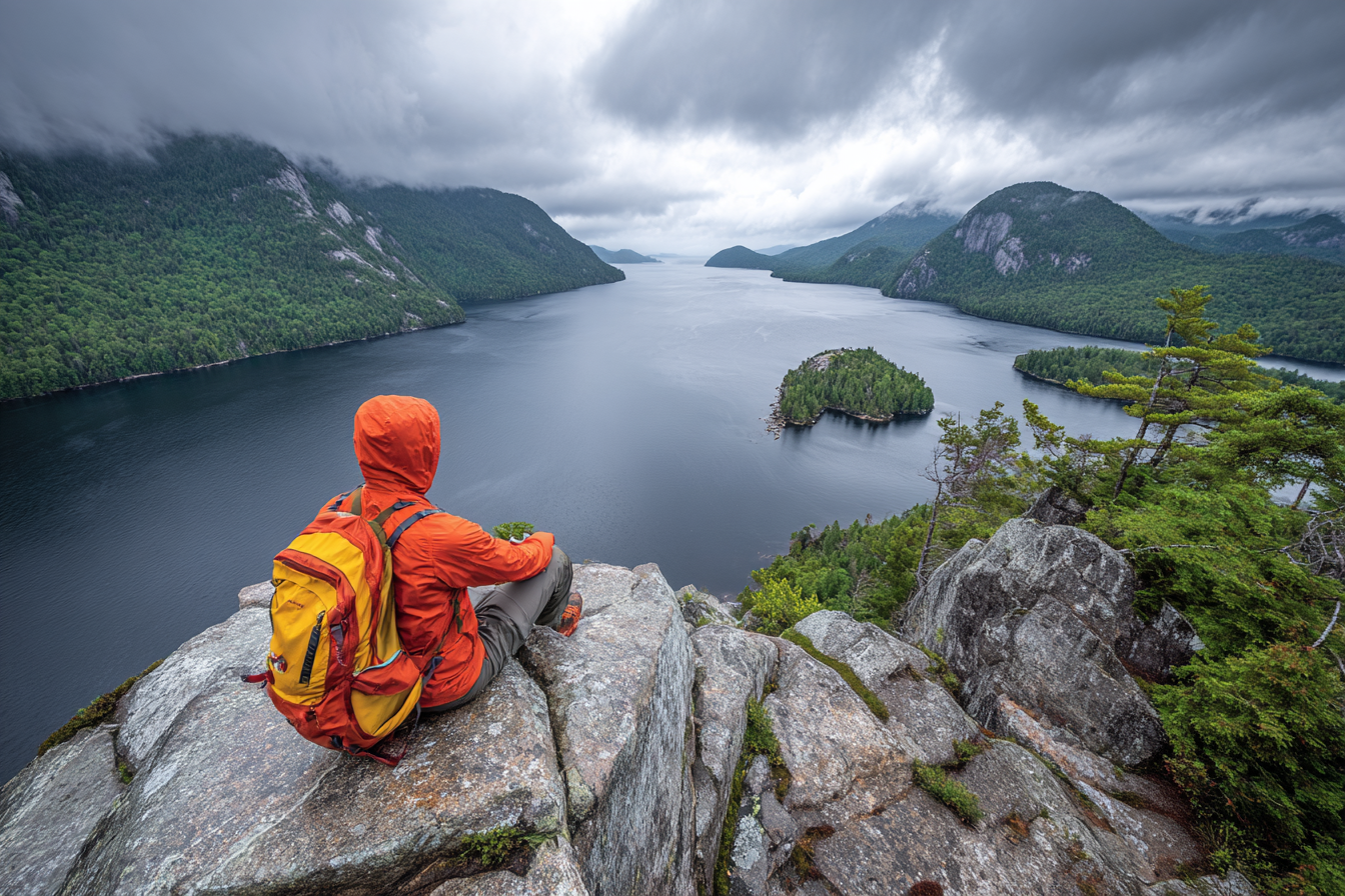 Person In Oranger Jacke Sitzt Auf Felsen Über Dem Wasser Mit Grünen Bergen | Reisen und Outdoor | Themen und Hobbys