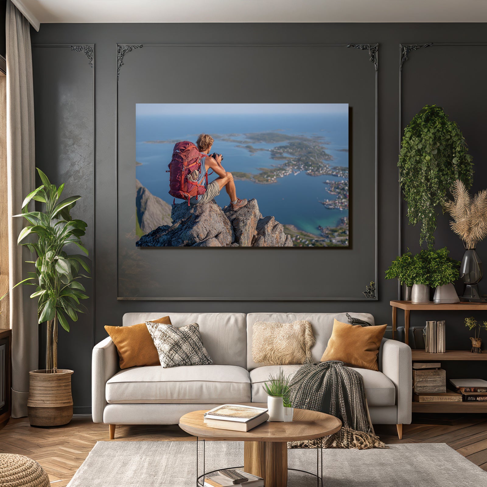 Person Mit Kamera Auf Fels Vor Küstenlandschaft Mit Insel Und Dorf