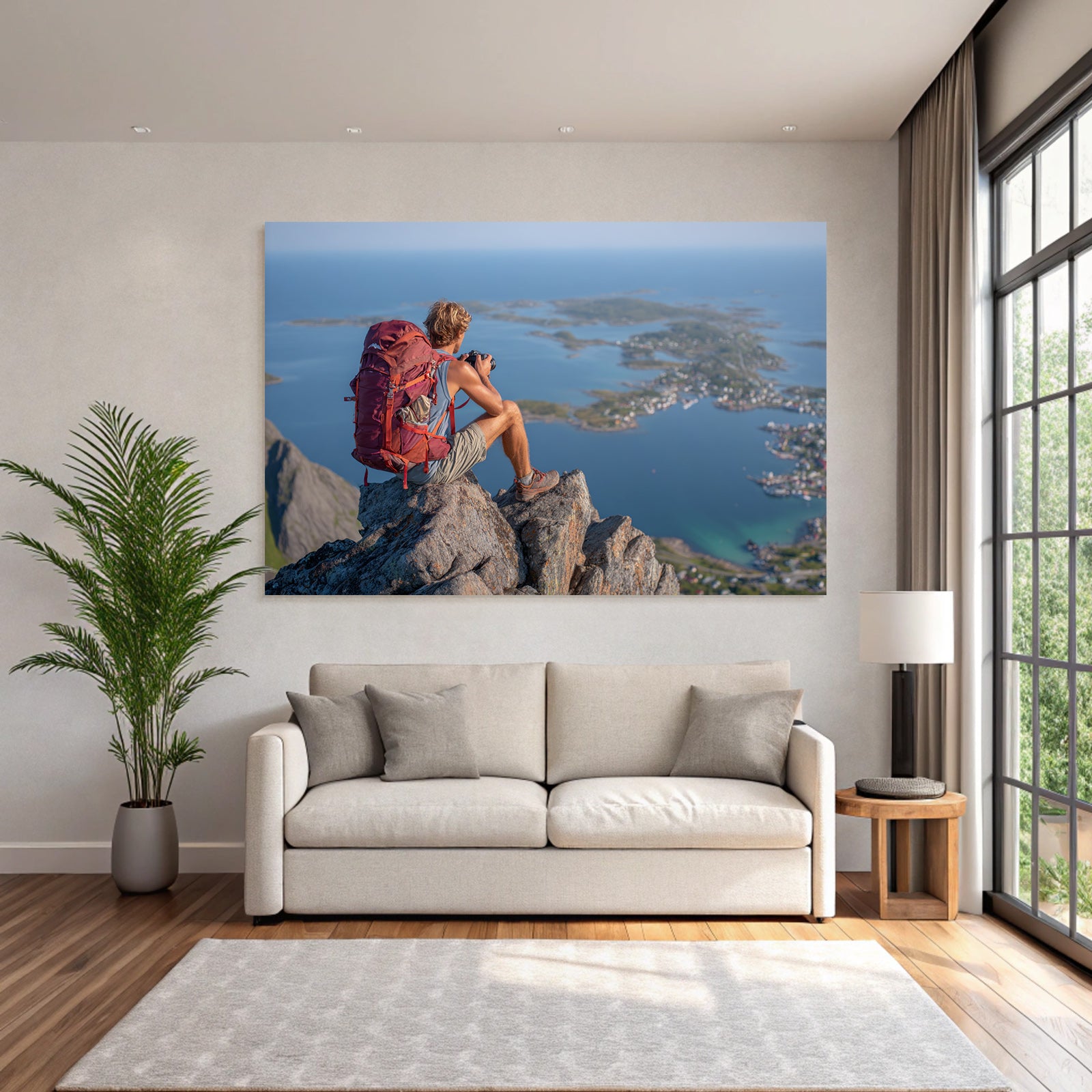 Person Mit Kamera Auf Fels Vor Küstenlandschaft Mit Insel Und Dorf