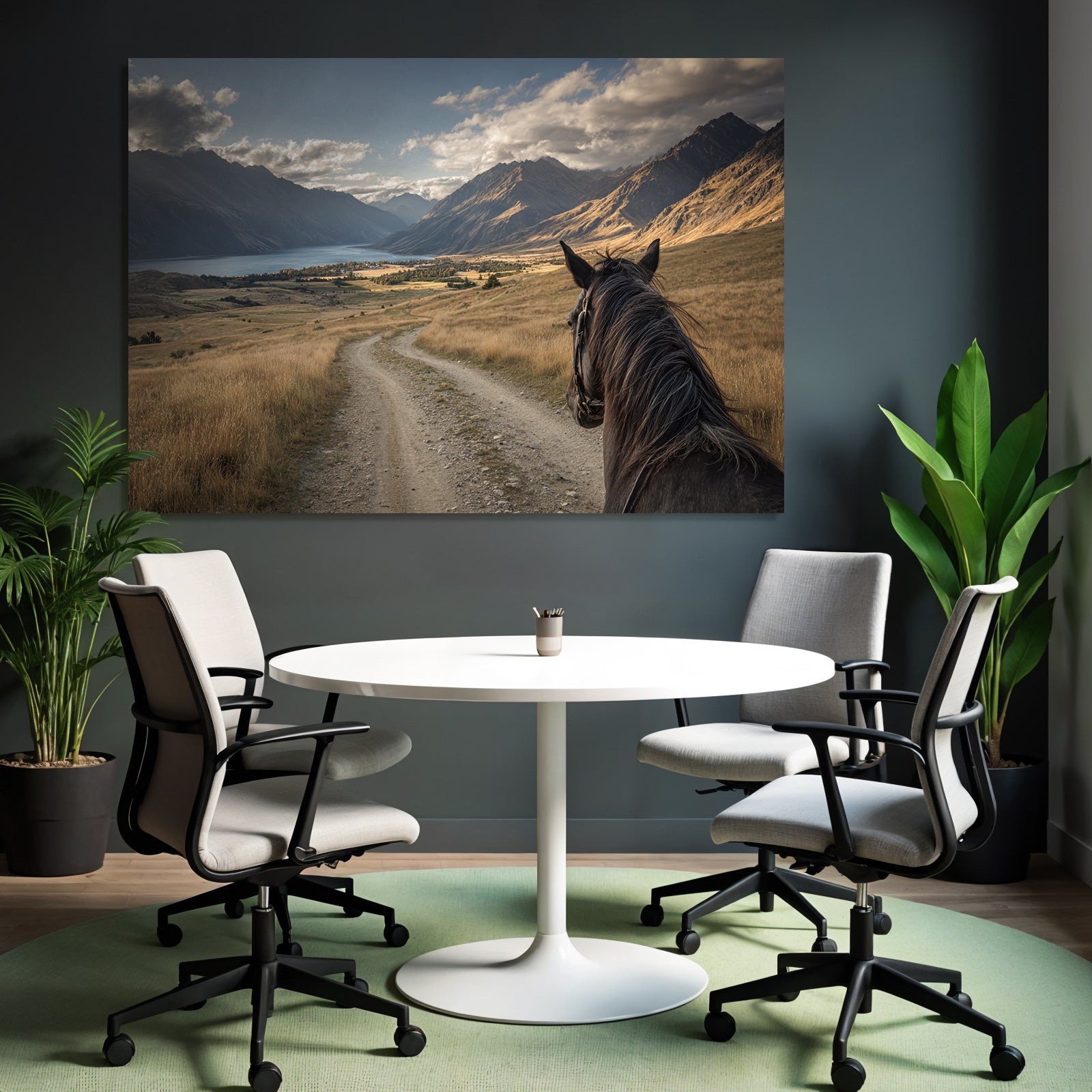 Pferdeblick Windender Weg Durch Tal Mit Bergen Und See