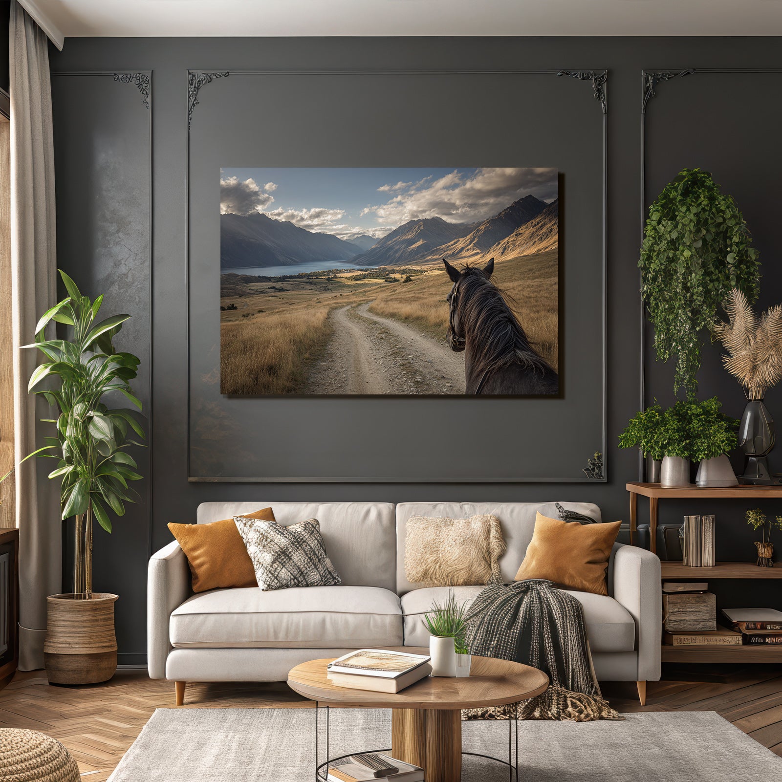 Pferdeblick Windender Weg Durch Tal Mit Bergen Und See