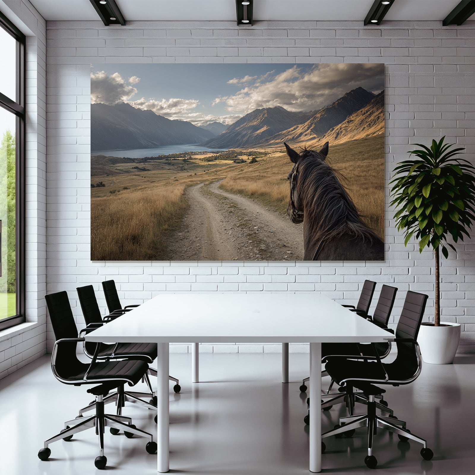 Pferdeblick Windender Weg Durch Tal Mit Bergen Und See