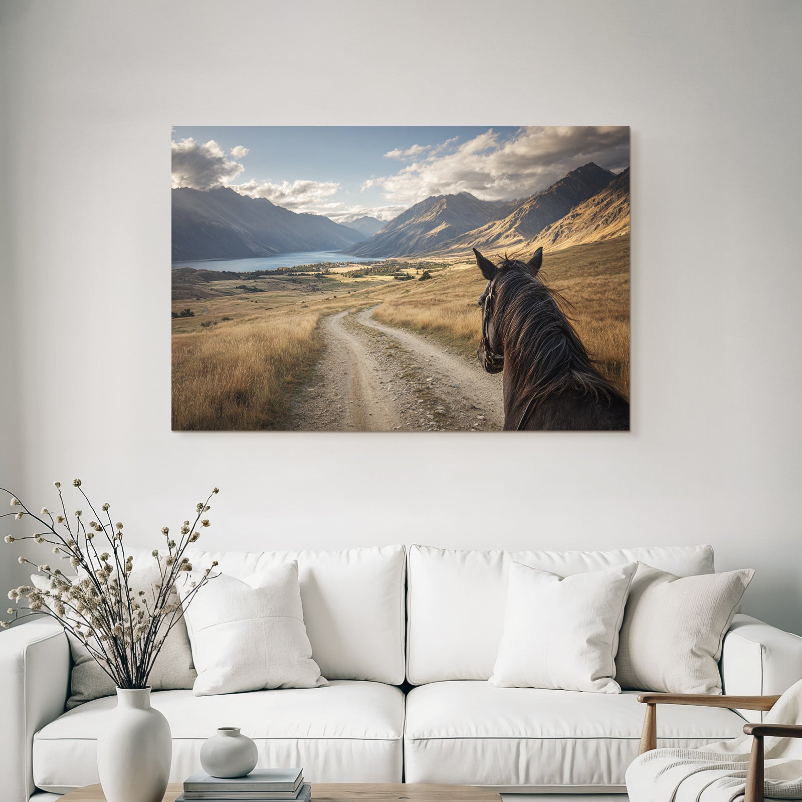 Pferdeblick Windender Weg Durch Tal Mit Bergen Und See
