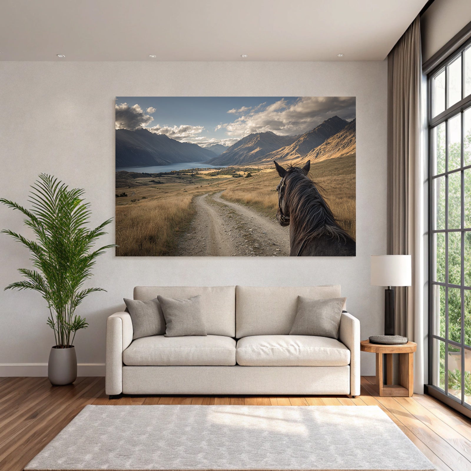 Pferdeblick Windender Weg Durch Tal Mit Bergen Und See