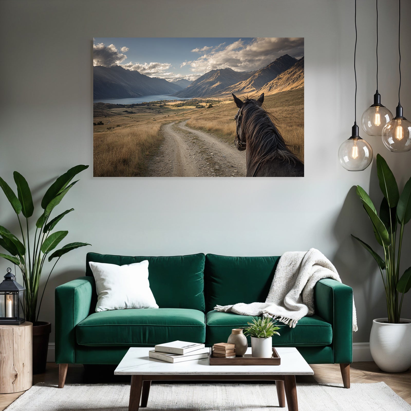 Pferdeblick Windender Weg Durch Tal Mit Bergen Und See