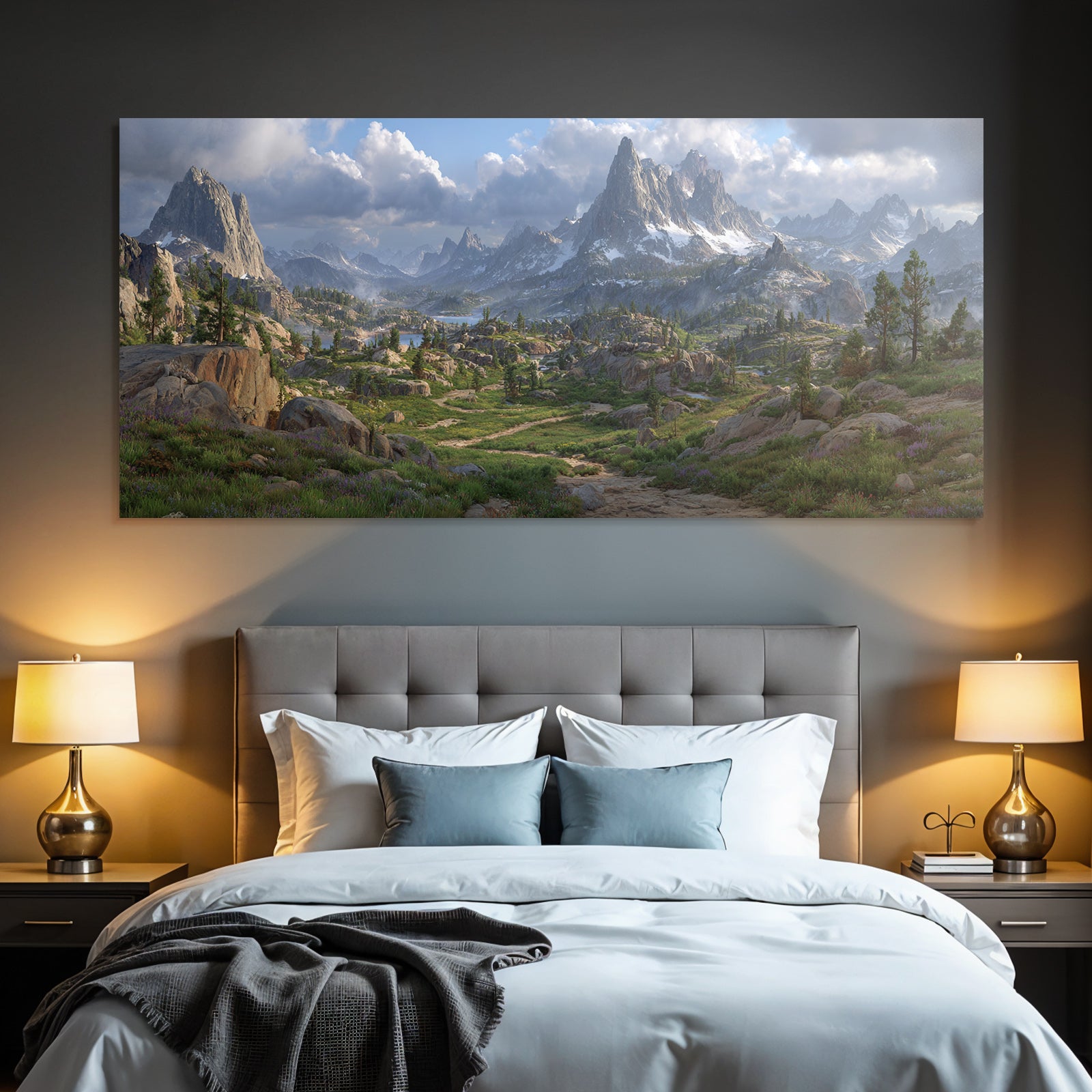 Rugged Mountains Lush Greenery Serene Water Mist Hills Bright Flowers