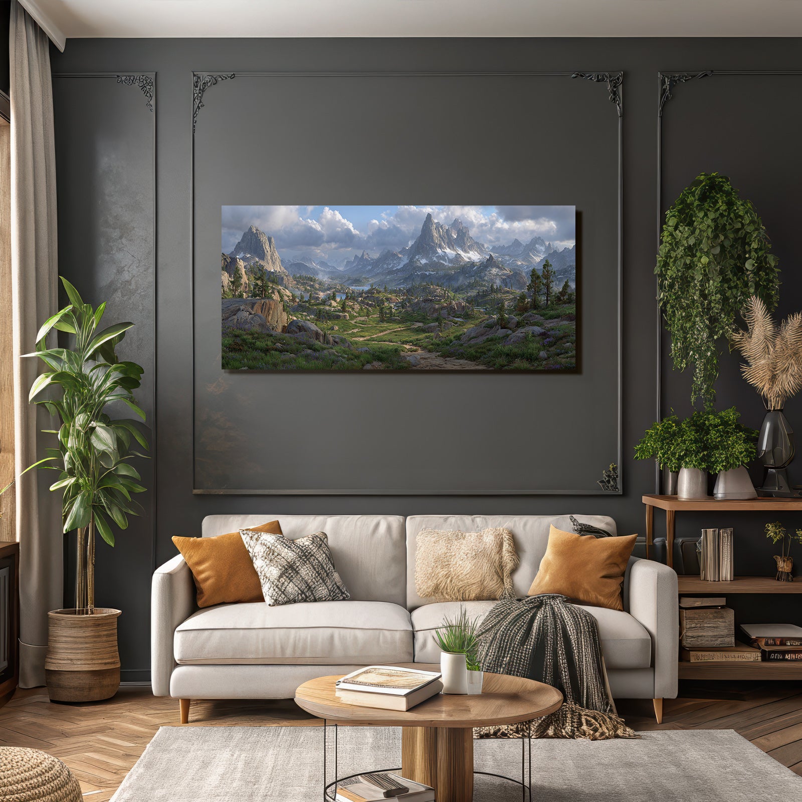 Rugged Mountains Lush Greenery Serene Water Mist Hills Bright Flowers