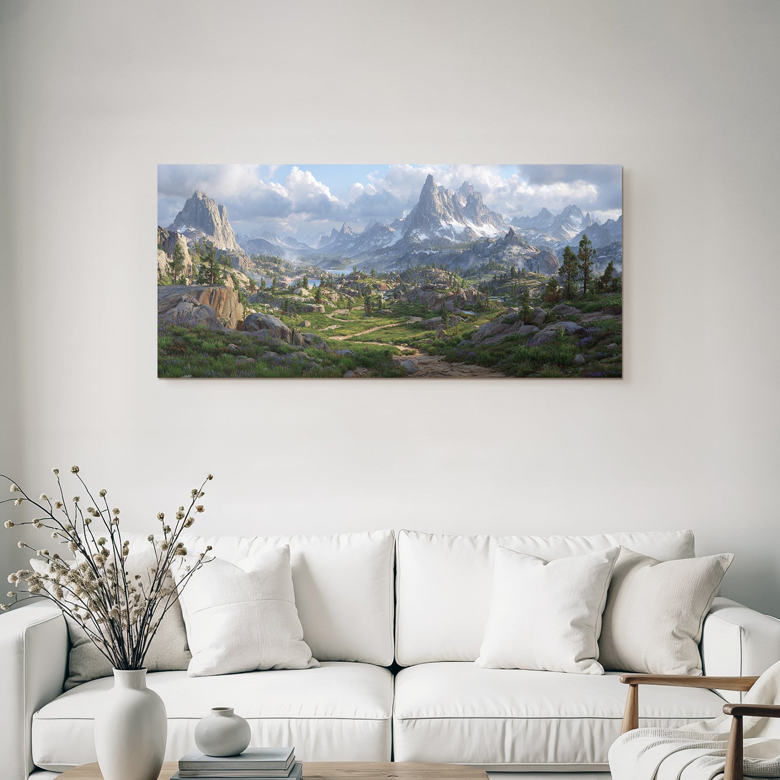 Rugged Mountains Lush Greenery Serene Water Mist Hills Bright Flowers