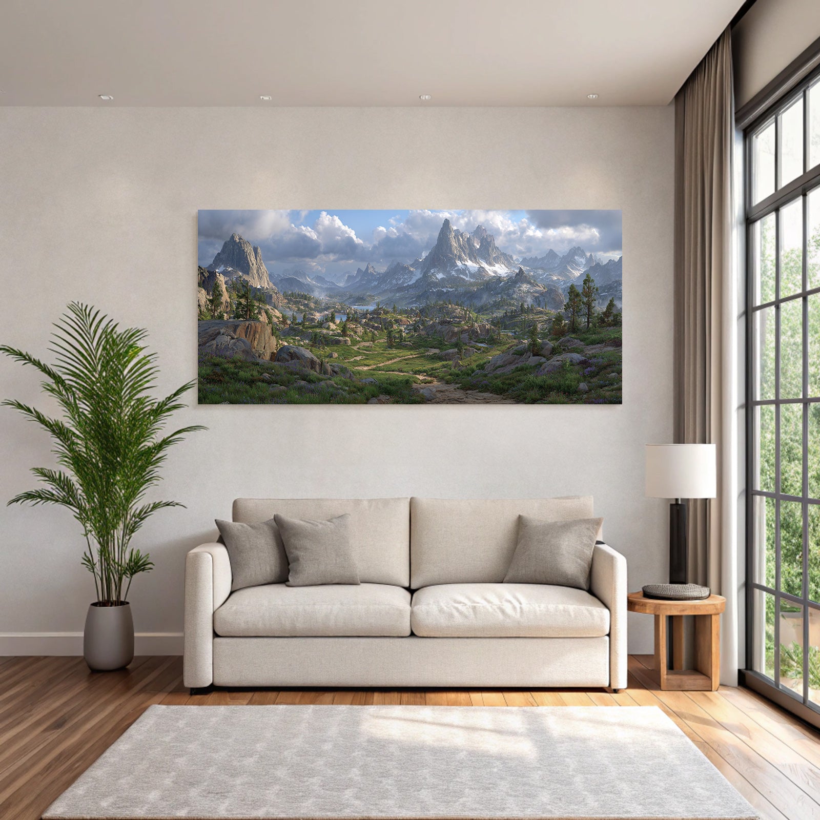 Rugged Mountains Lush Greenery Serene Water Mist Hills Bright Flowers