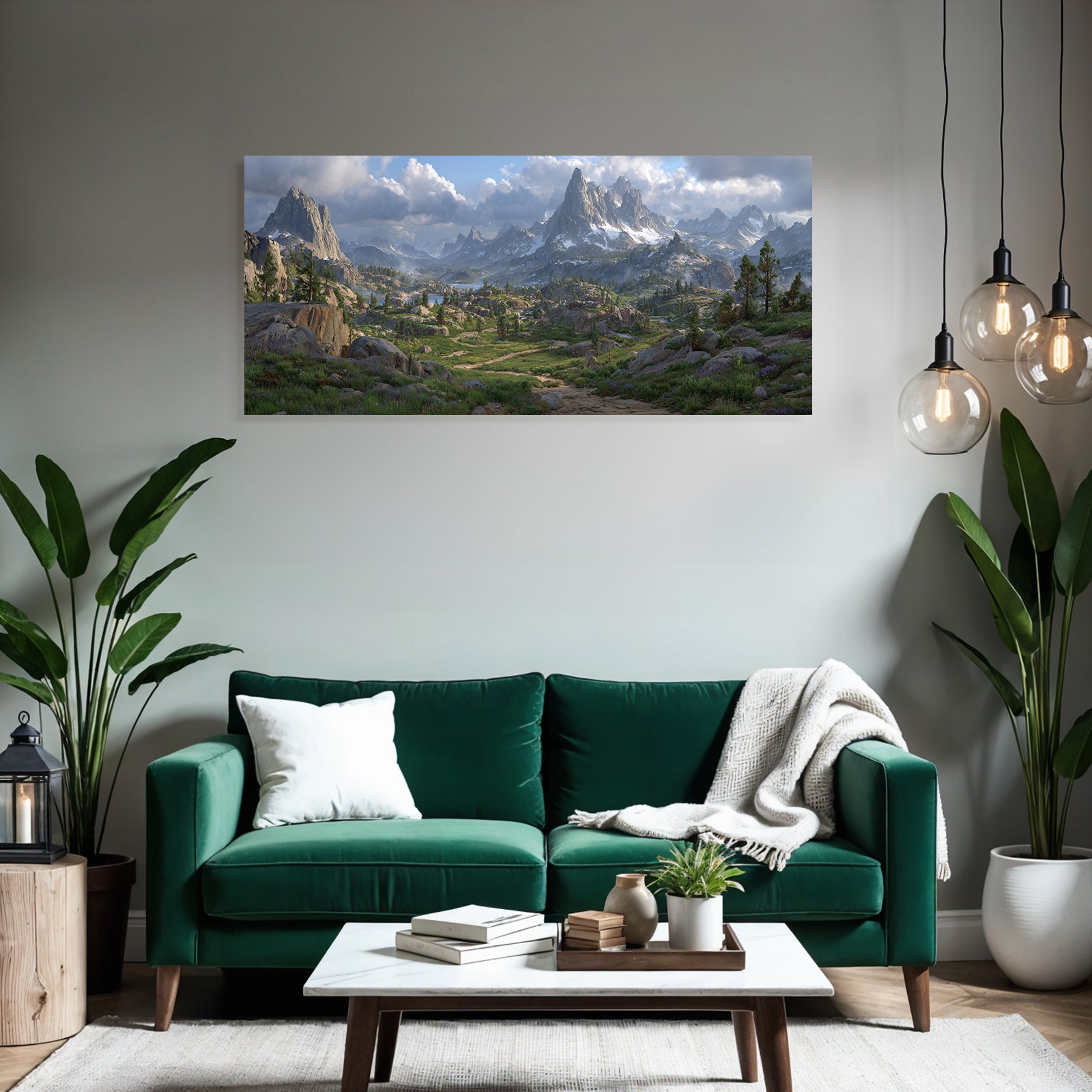 Rugged Mountains Lush Greenery Serene Water Mist Hills Bright Flowers