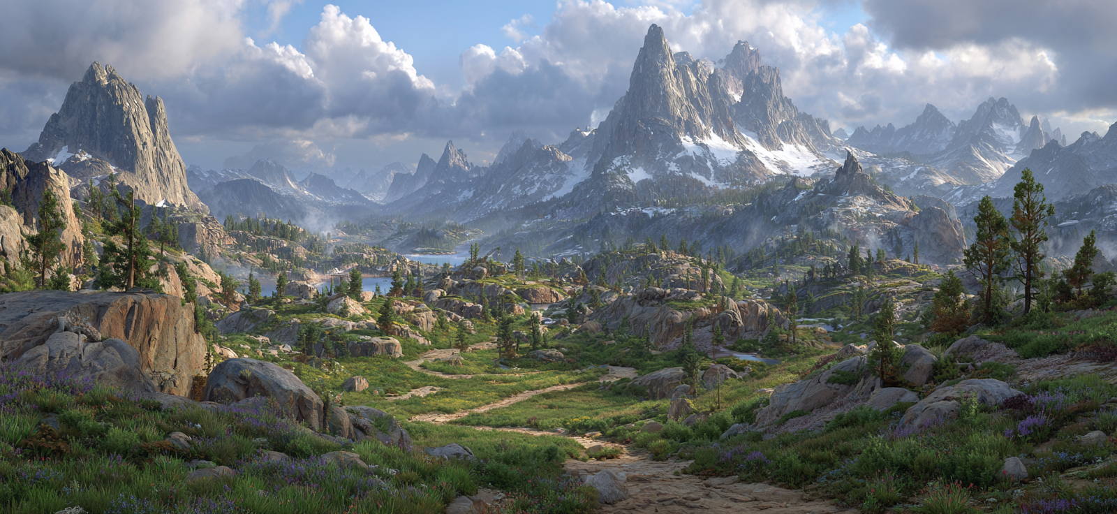 Rugged Mountains Lush Greenery Serene Water Mist Hills Bright Flowers | Reisen und Outdoor | Themen und Hobbys