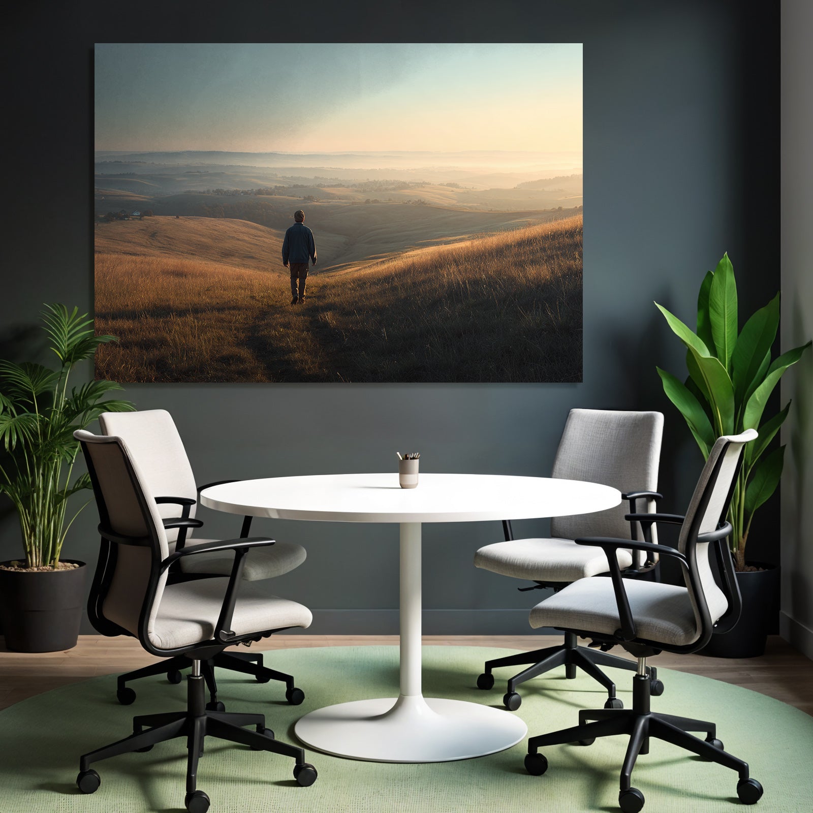 Ruhige Landschaft Bei Sonnenaufgang Oder Sonnenuntergang Mit Person Am Weg