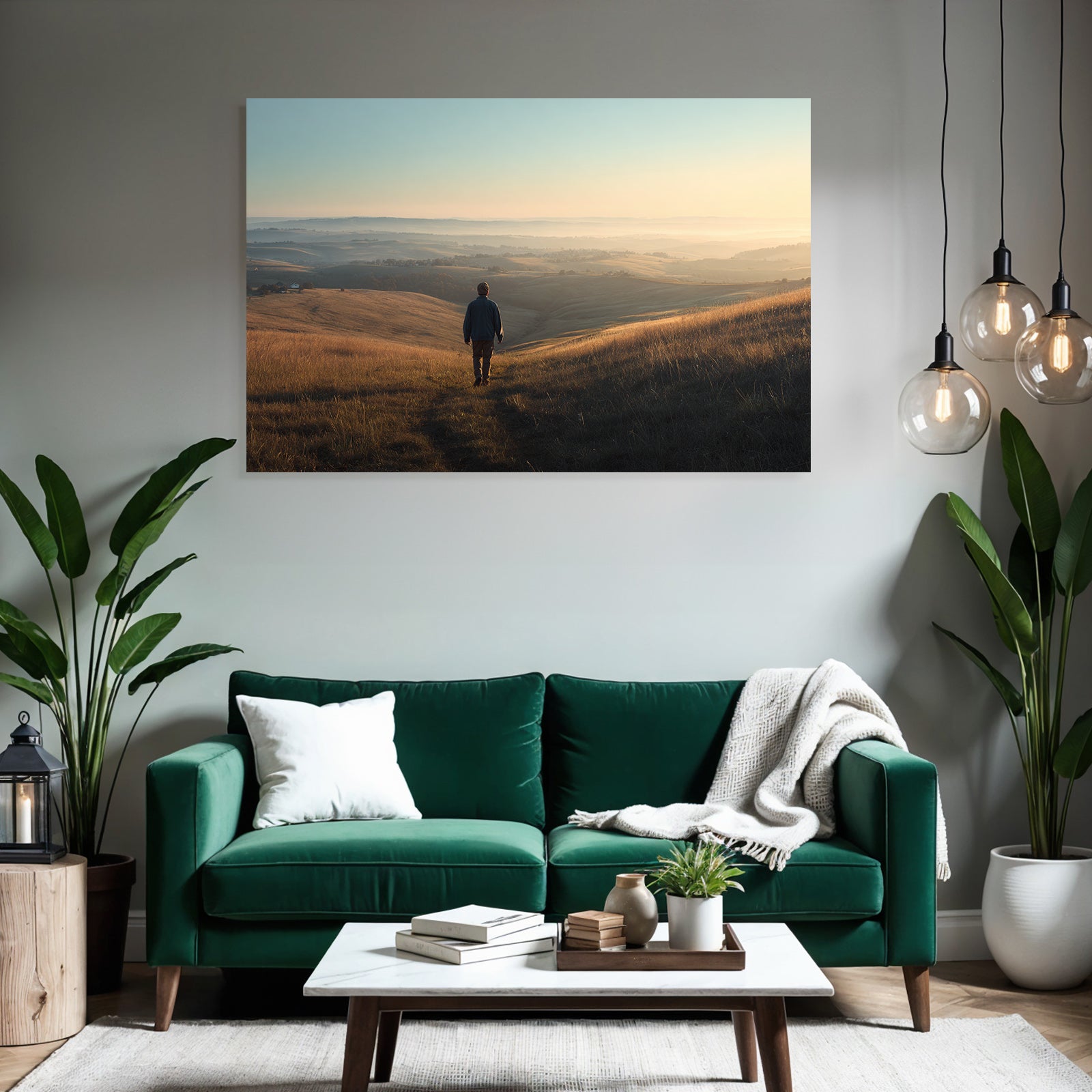 Ruhige Landschaft Bei Sonnenaufgang Oder Sonnenuntergang Mit Person Am Weg