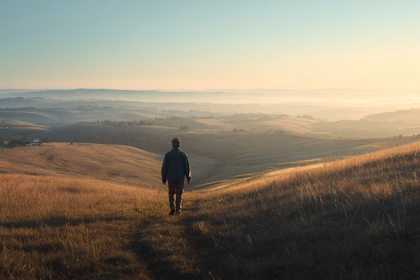 Ruhige Landschaft Bei Sonnenaufgang Oder Sonnenuntergang Mit Person Am Weg | Reisen und Outdoor | Themen und Hobbys