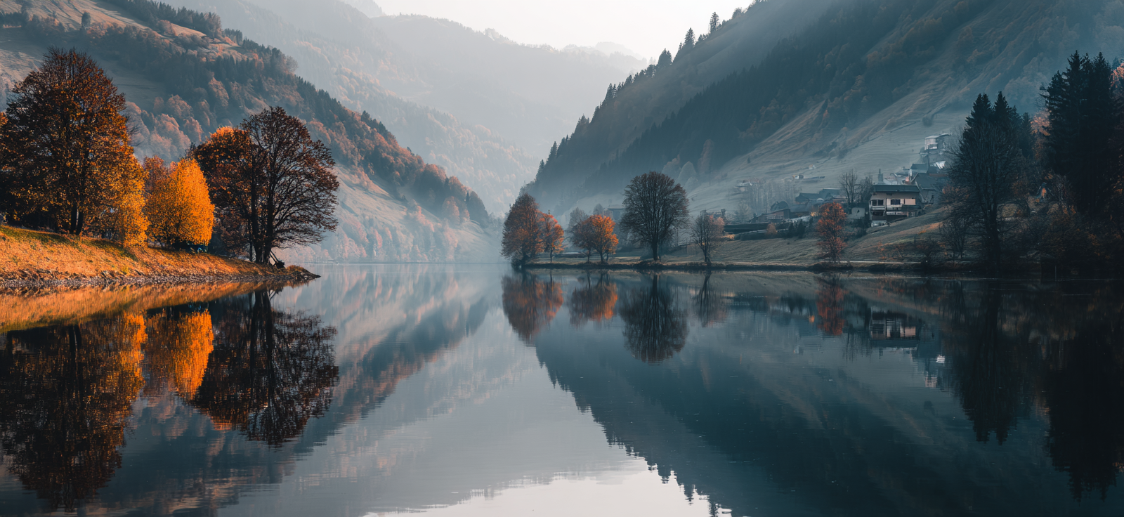 Ruhige Landschaft Halloween See Herbstfarben Reflexion Nebel | Reisen und Outdoor | Themen und Hobbys