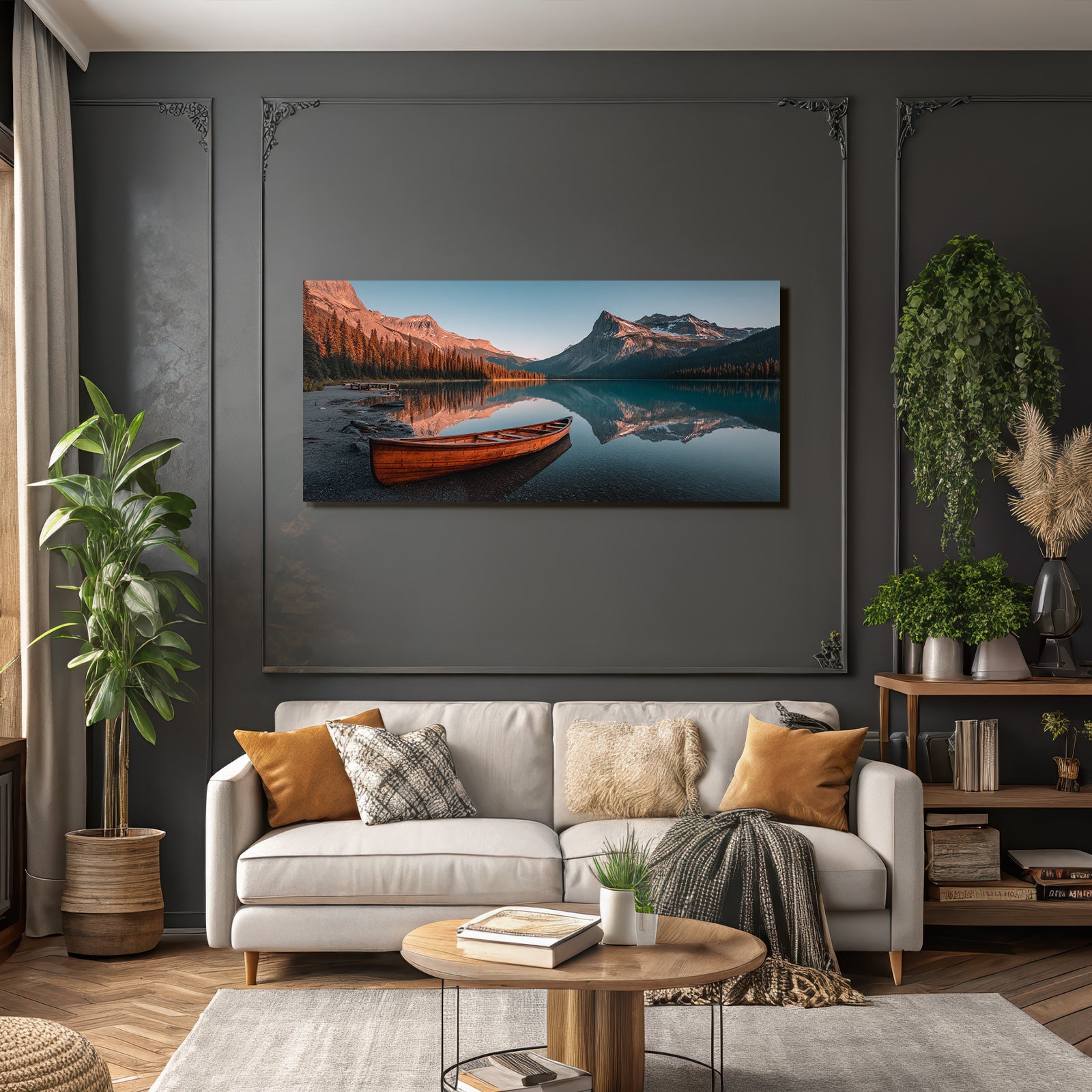 Ruhige Landschaft Mit Canoe Und Bergen Bei Dämmerung
