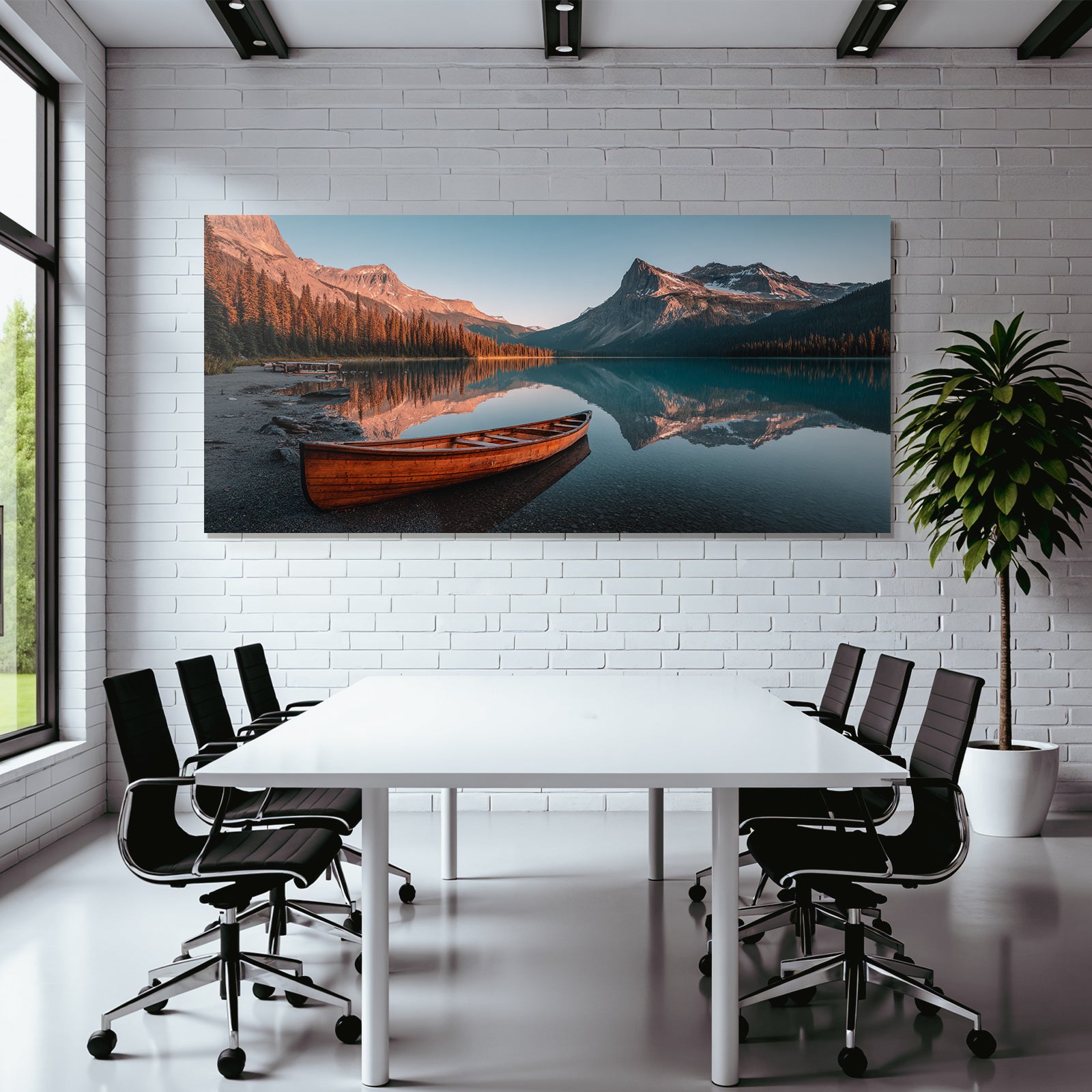 Ruhige Landschaft Mit Canoe Und Bergen Bei Dämmerung