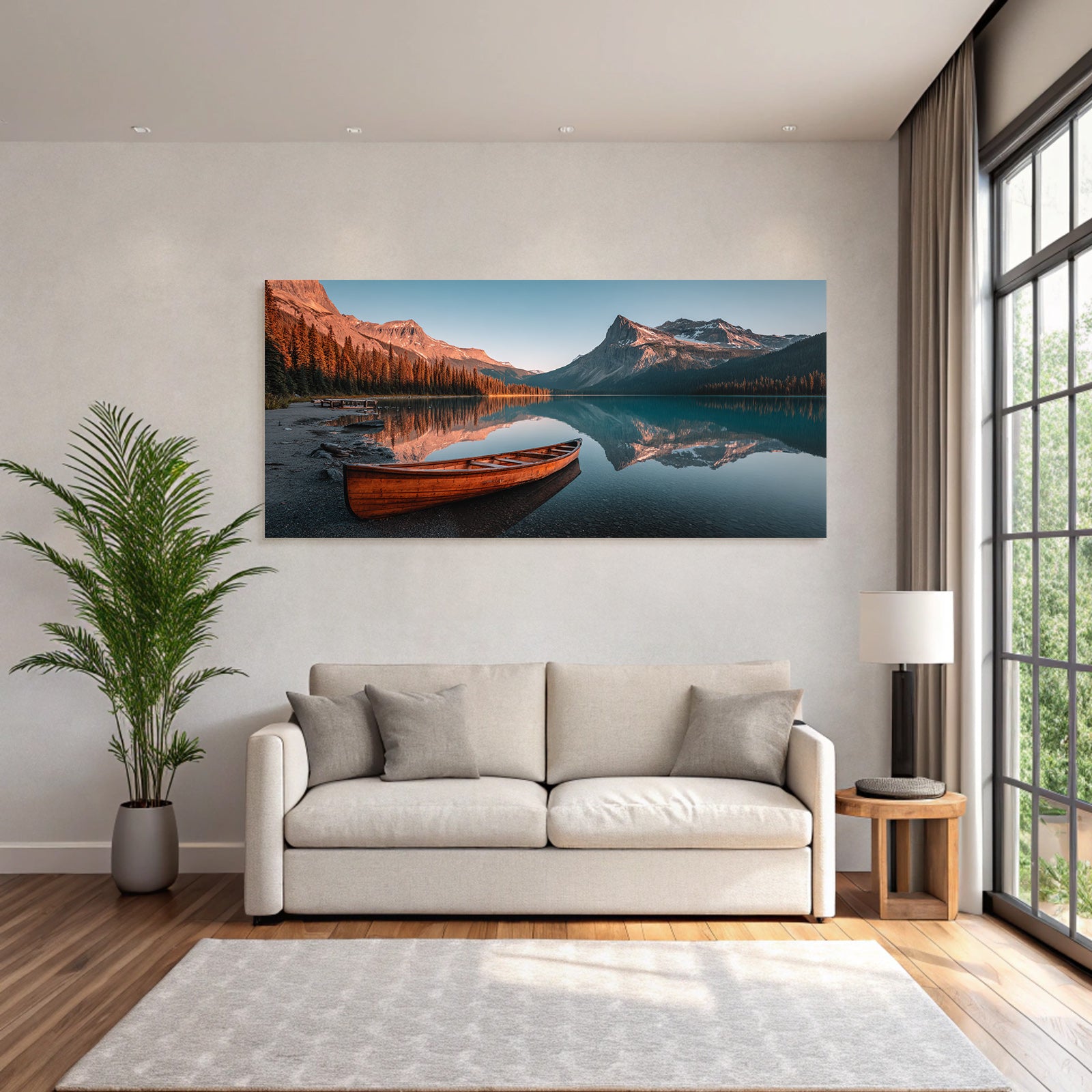 Ruhige Landschaft Mit Canoe Und Bergen Bei Dämmerung