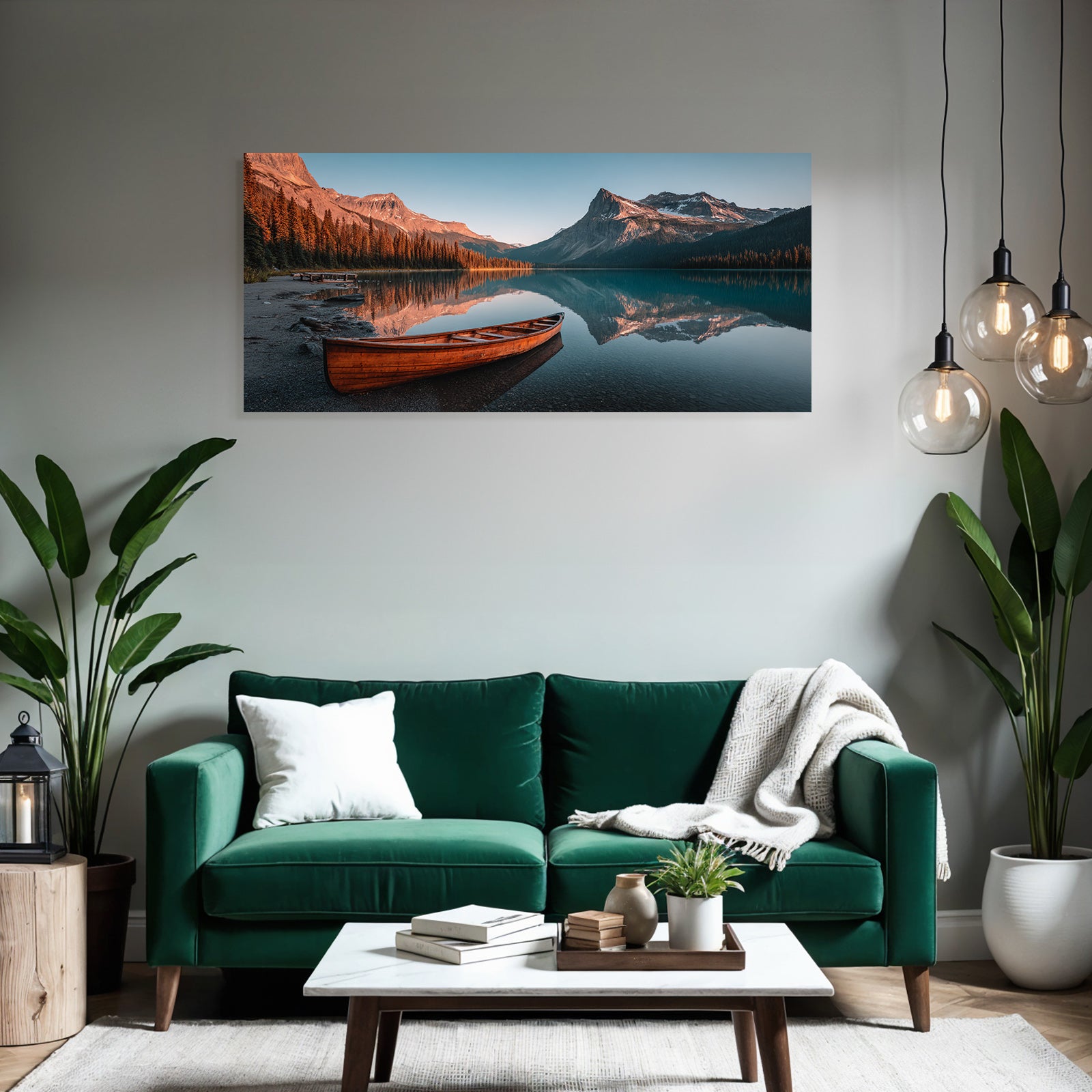 Ruhige Landschaft Mit Canoe Und Bergen Bei Dämmerung