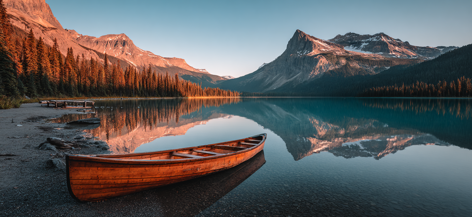 Ruhige Landschaft Mit Canoe Und Bergen Bei Dämmerung | Reisen und Outdoor | Themen und Hobbys
