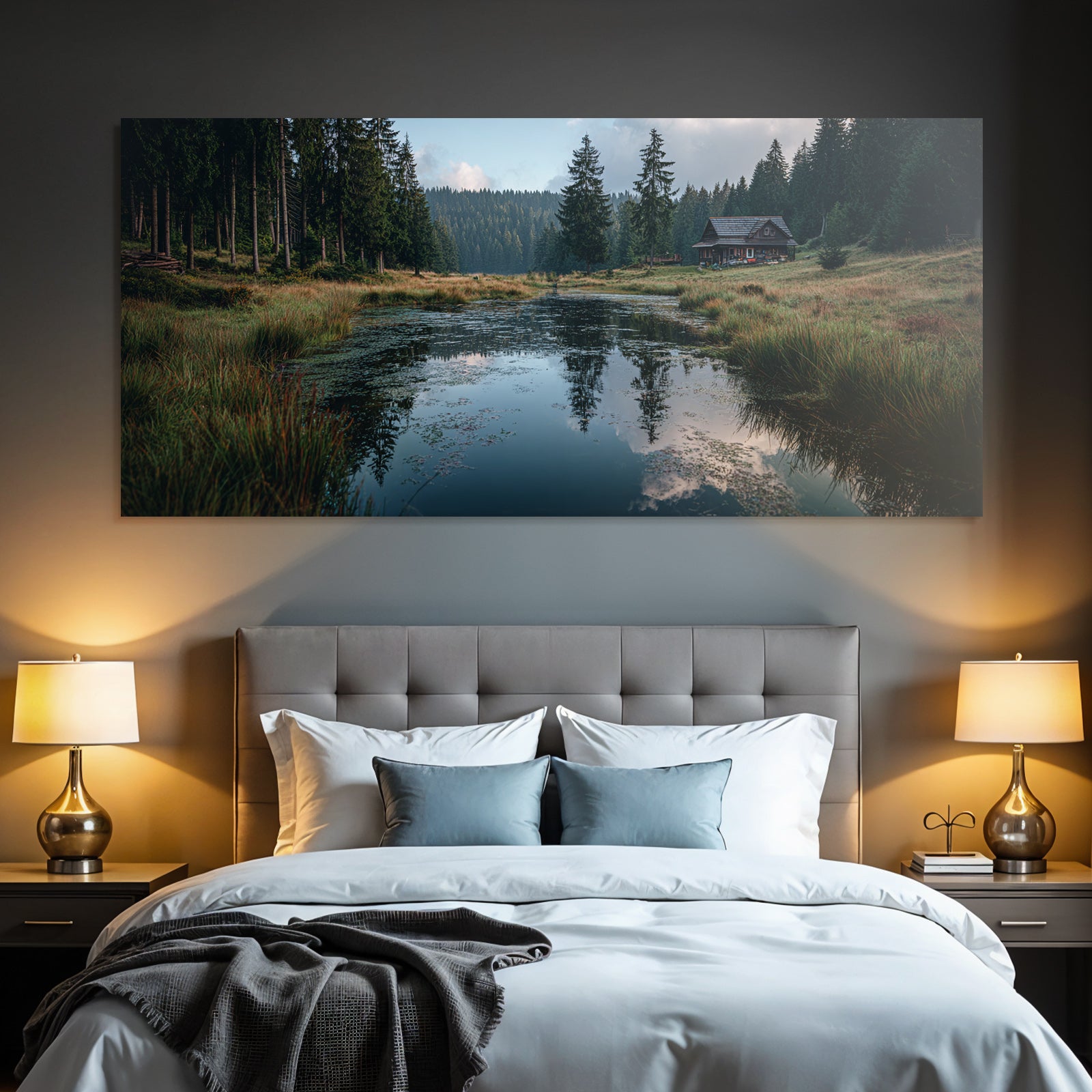 Ruhige Landschaft Mit Holzhütte Und Reflektionen Im Wasser