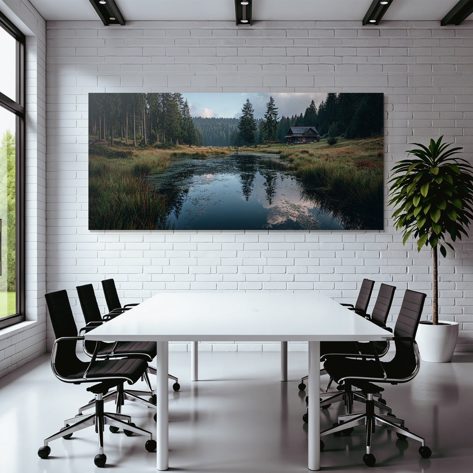 Ruhige Landschaft Mit Holzhütte Und Reflektionen Im Wasser