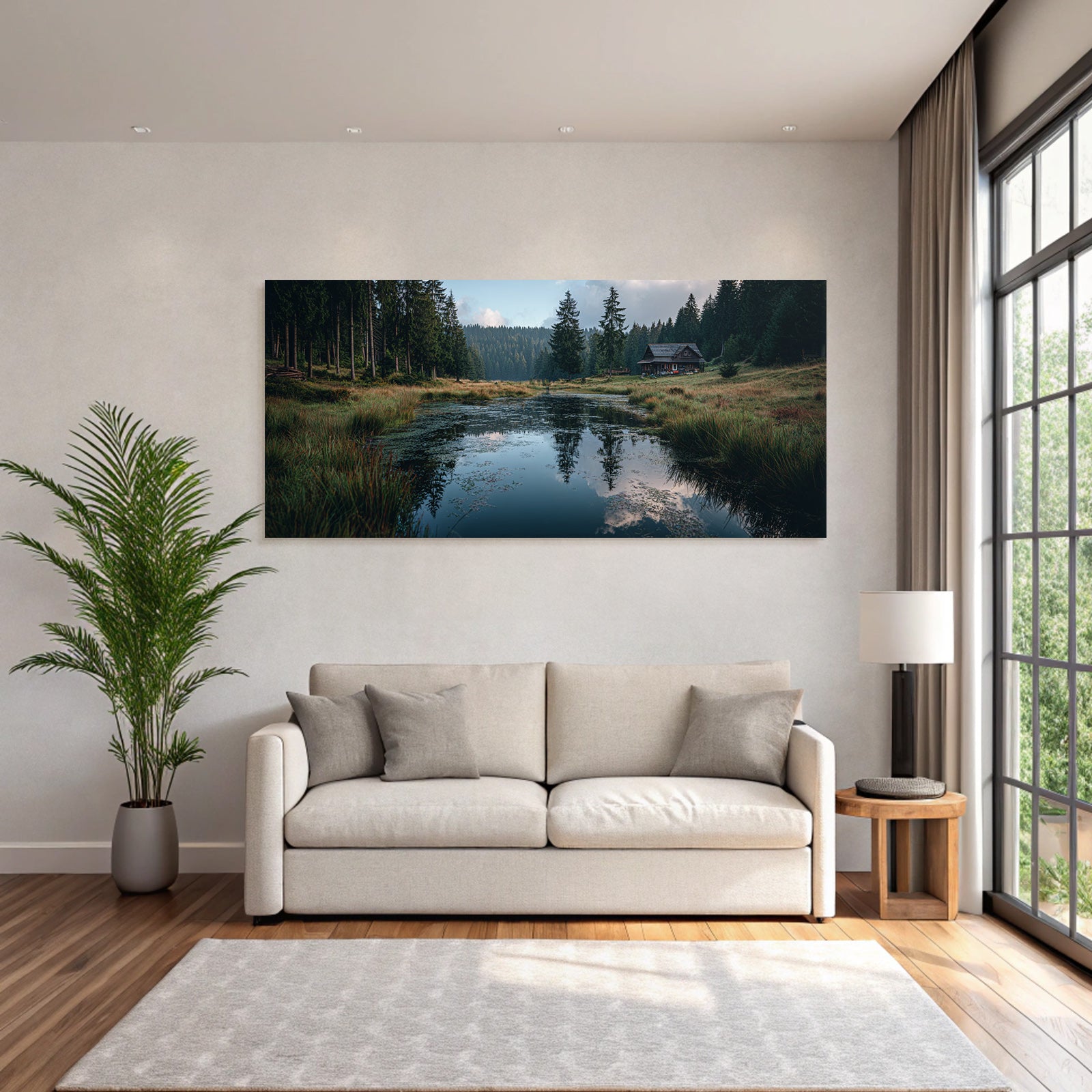 Ruhige Landschaft Mit Holzhütte Und Reflektionen Im Wasser