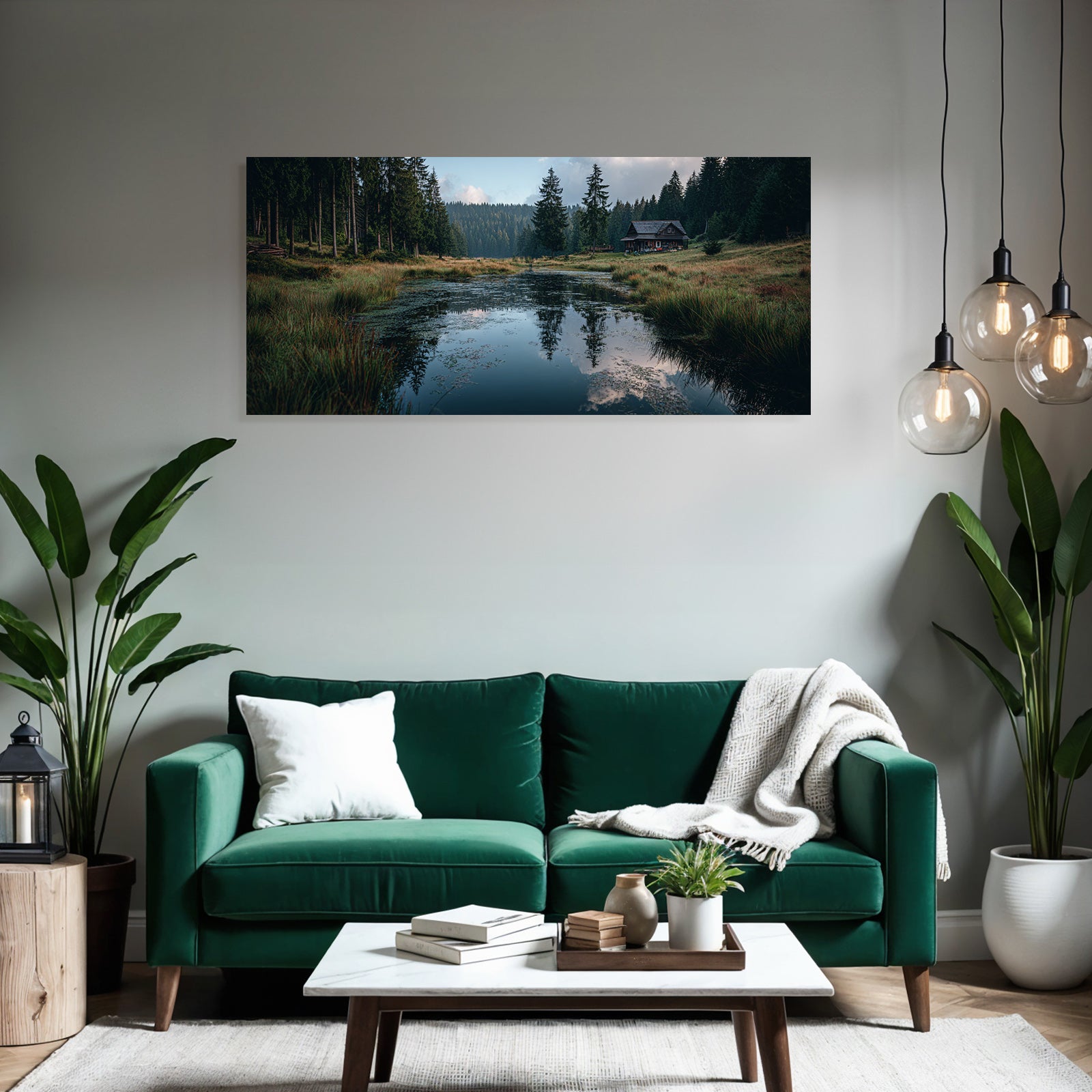 Ruhige Landschaft Mit Holzhütte Und Reflektionen Im Wasser