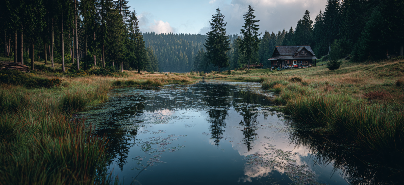 Ruhige Landschaft Mit Holzhütte Und Reflektionen Im Wasser | Reisen und Outdoor | Themen und Hobbys