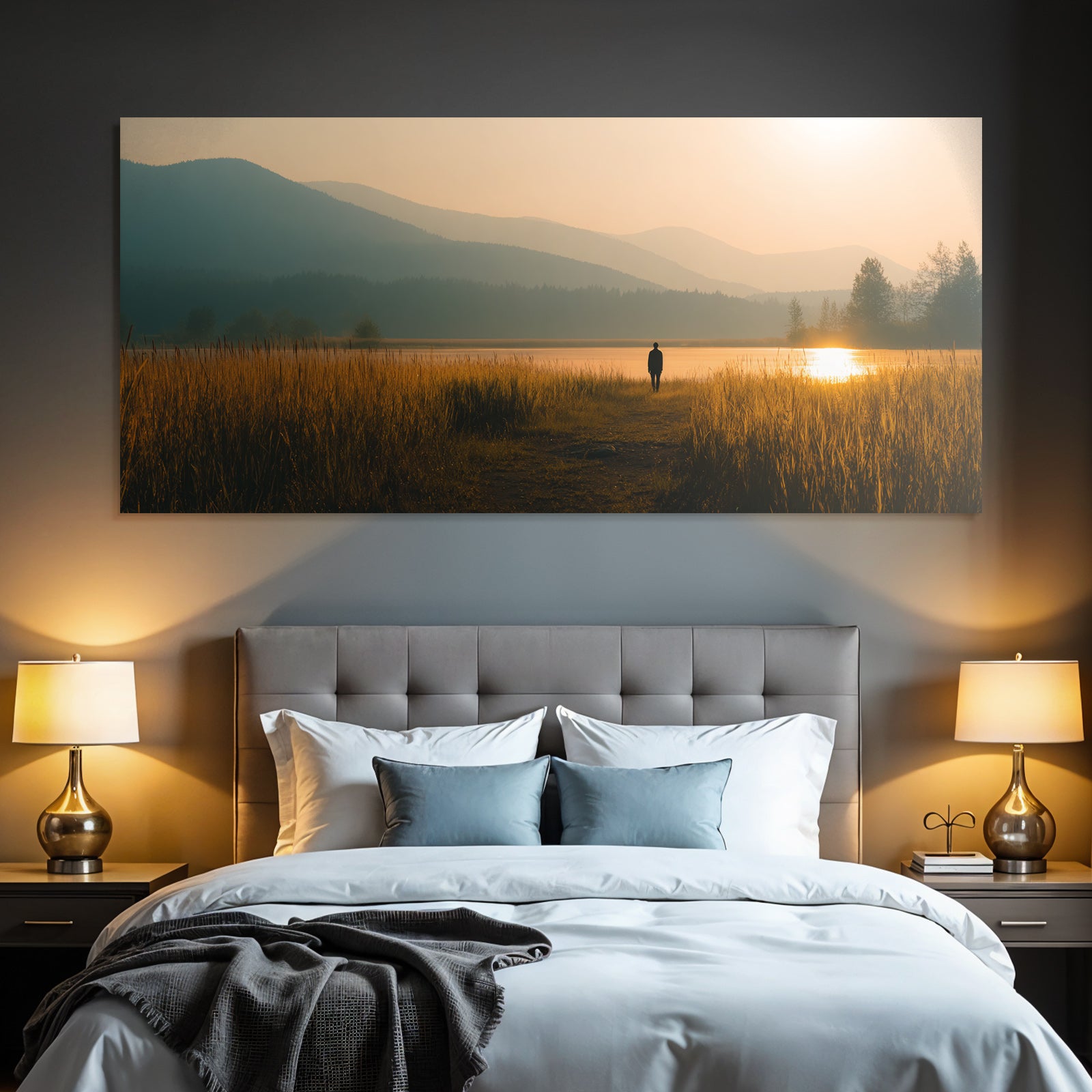 Ruhige Landschaft Person Auf Pfad Am Wasser Beim Sunset