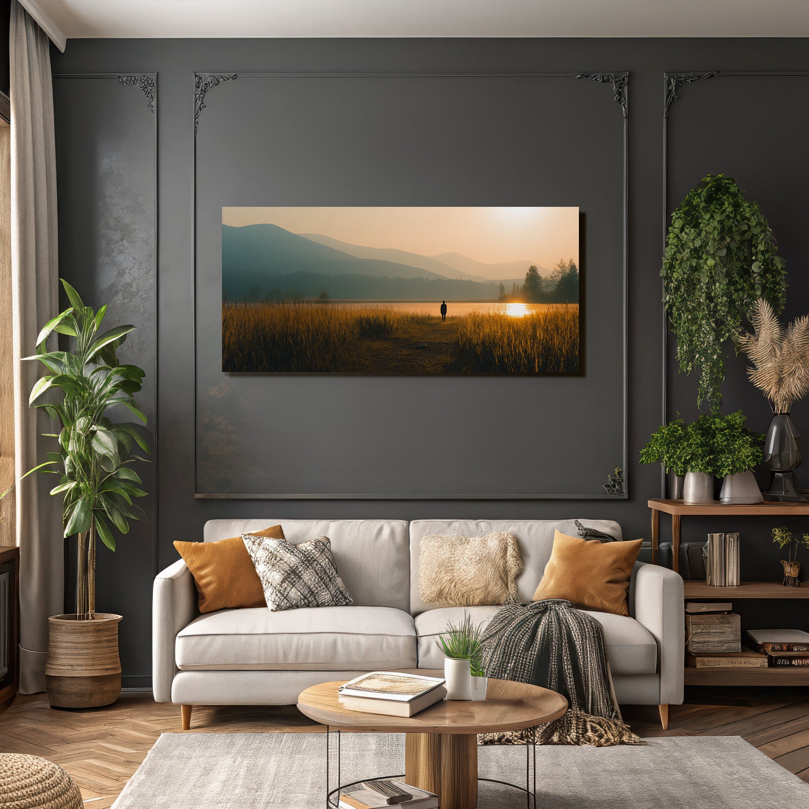 Ruhige Landschaft Person Auf Pfad Am Wasser Beim Sunset