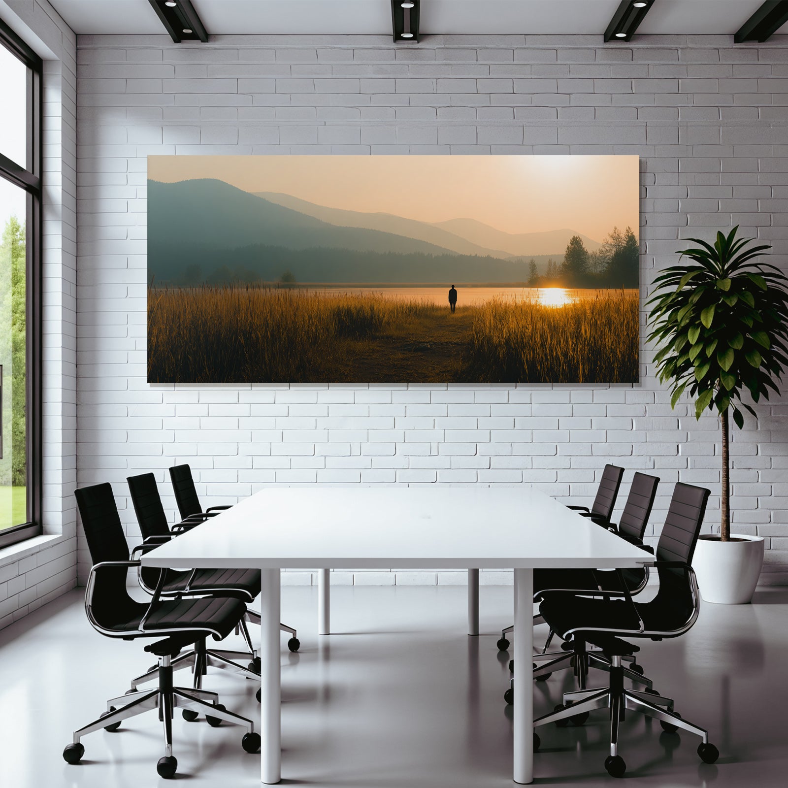 Ruhige Landschaft Person Auf Pfad Am Wasser Beim Sunset
