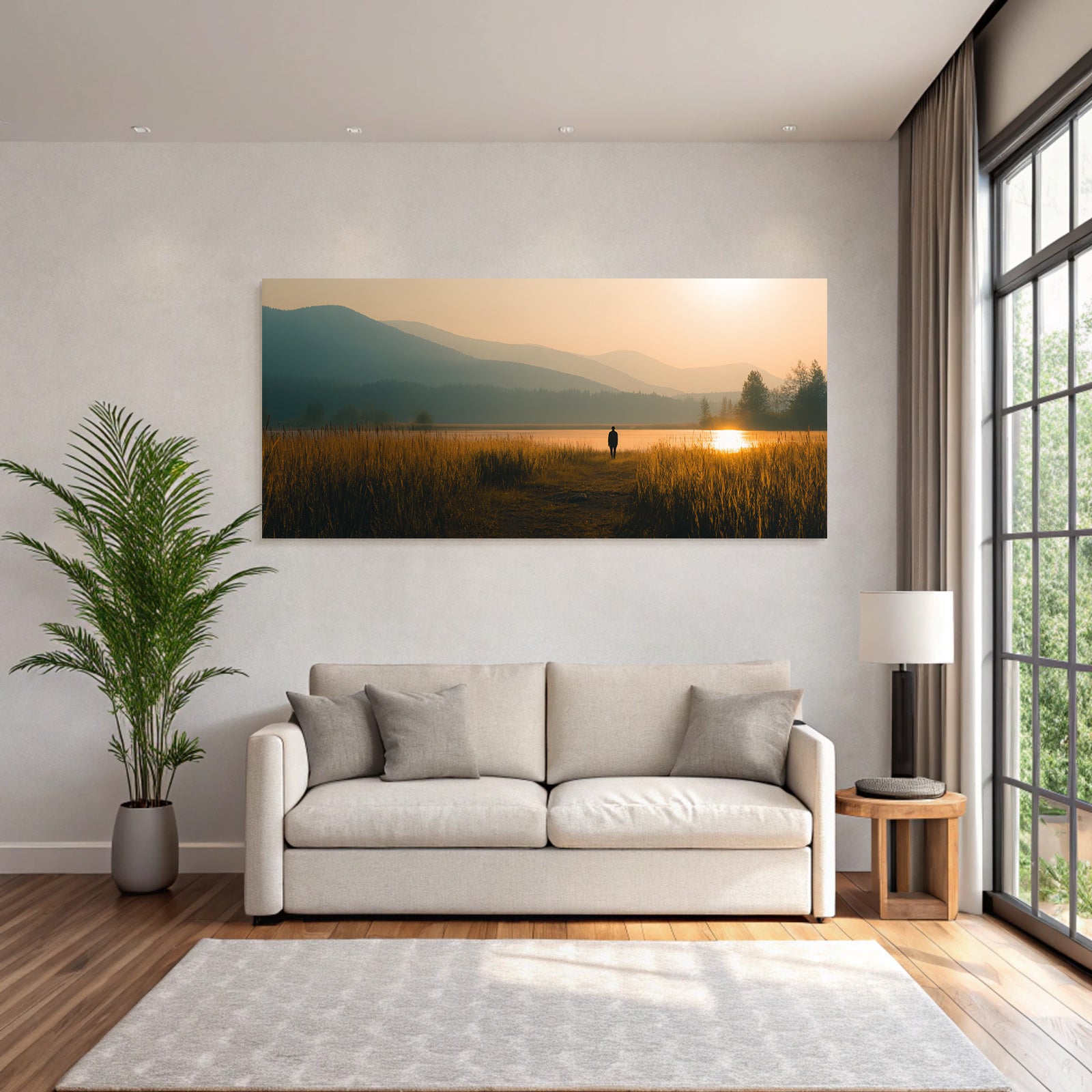 Ruhige Landschaft Person Auf Pfad Am Wasser Beim Sunset