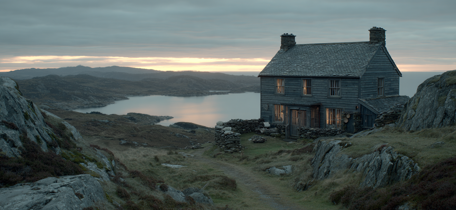 Rustikales Haus Am Steinigen Terrain Über Dem Ruhigen Wasser Mit Hügeln Und Bergen | Reisen und Outdoor | Themen und Hobbys