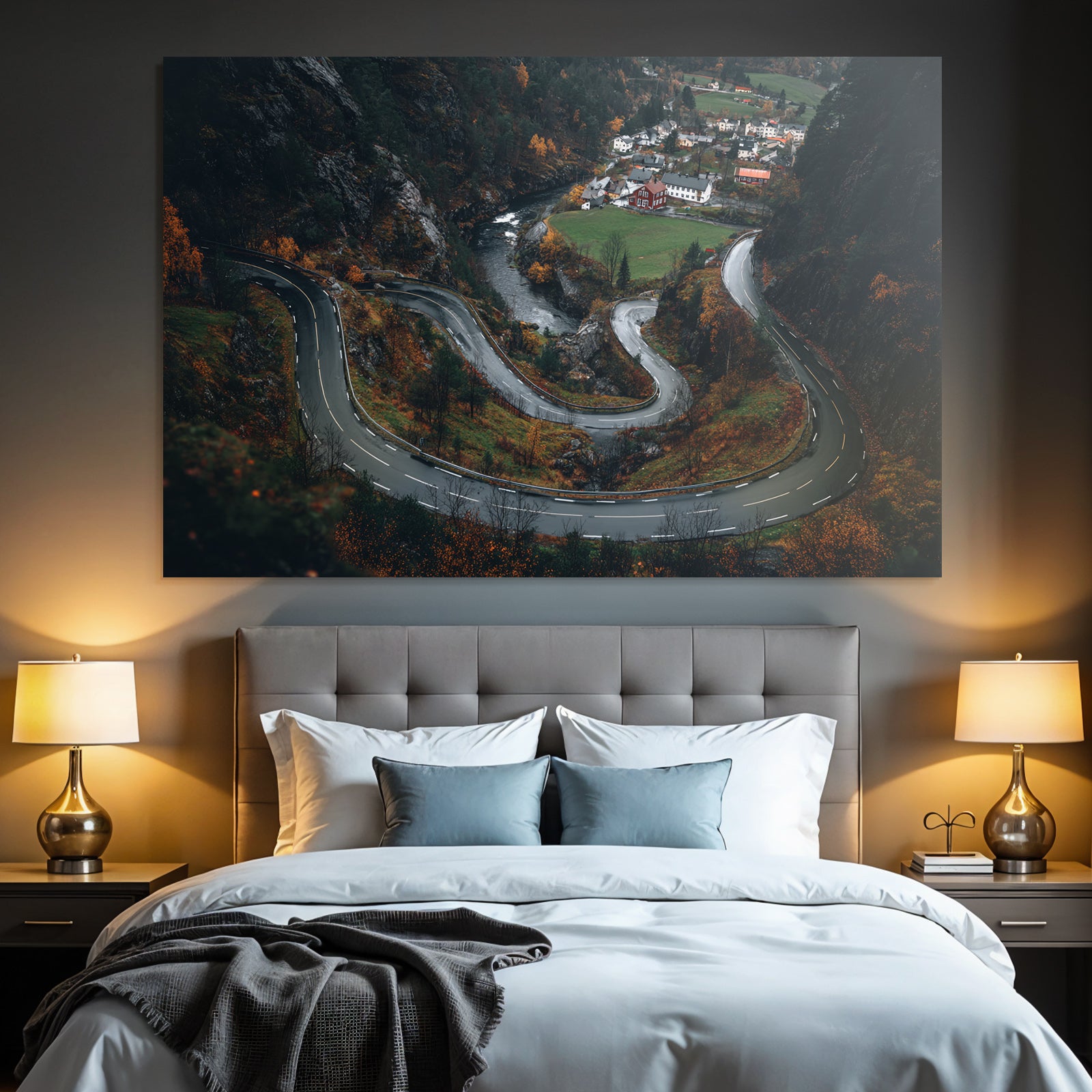 Winding Road In Mountainous Landscape With Autumn Foliage Village And River