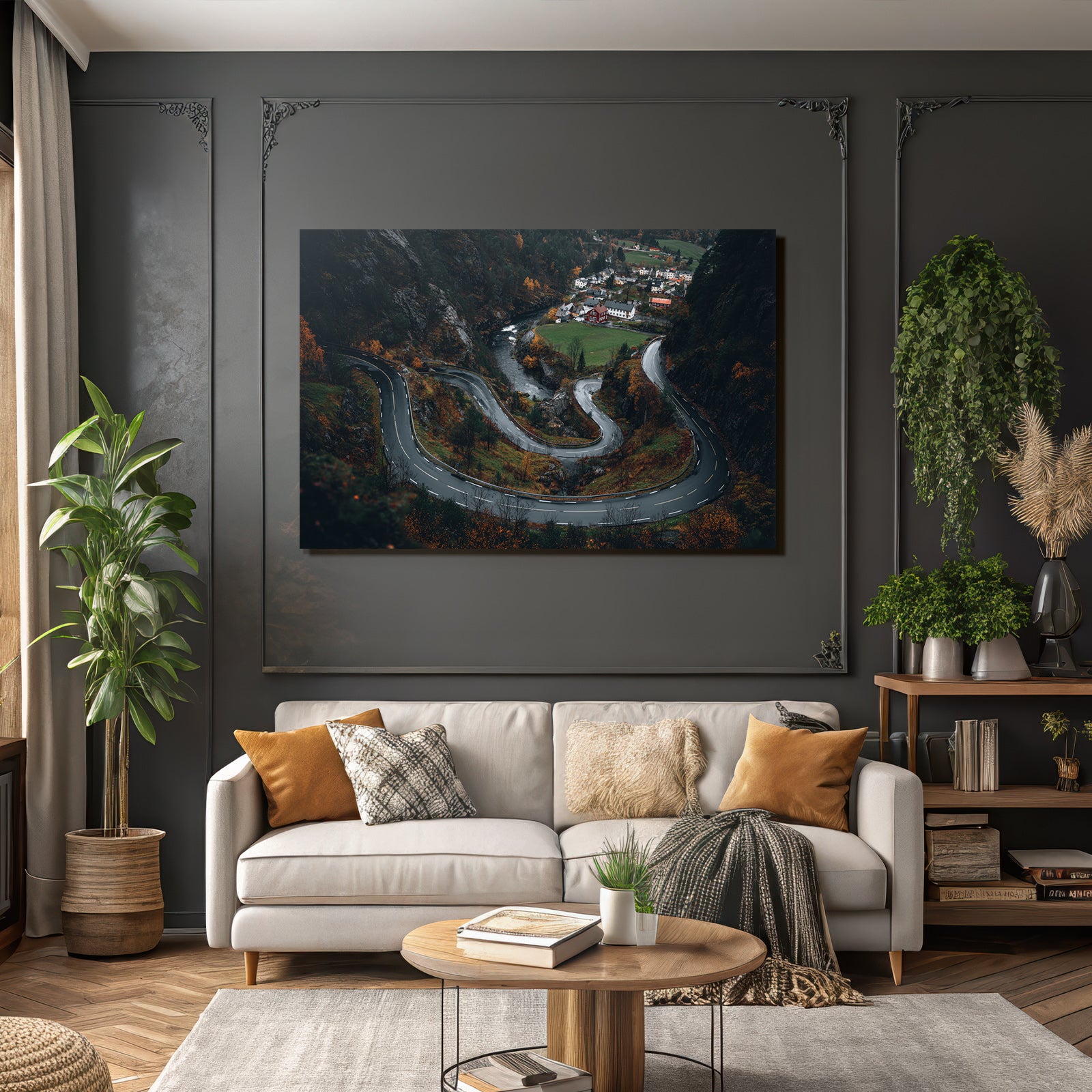 Winding Road In Mountainous Landscape With Autumn Foliage Village And River