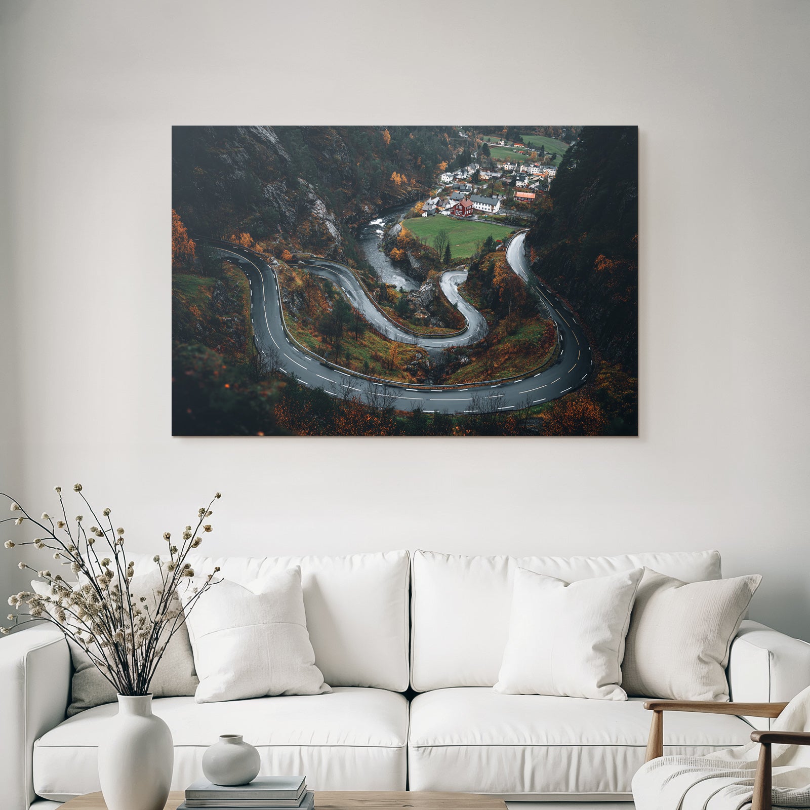 Winding Road In Mountainous Landscape With Autumn Foliage Village And River