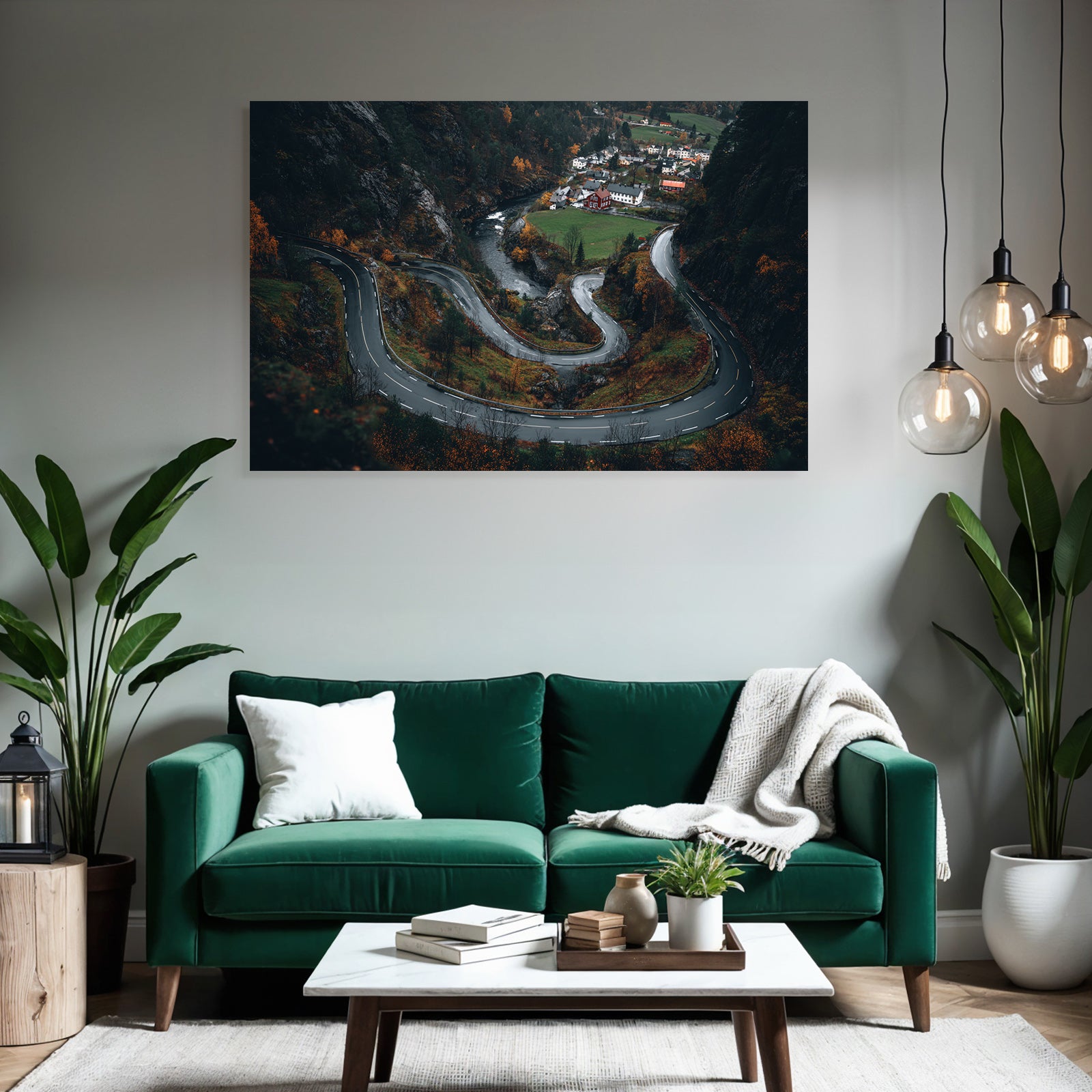 Winding Road In Mountainous Landscape With Autumn Foliage Village And River