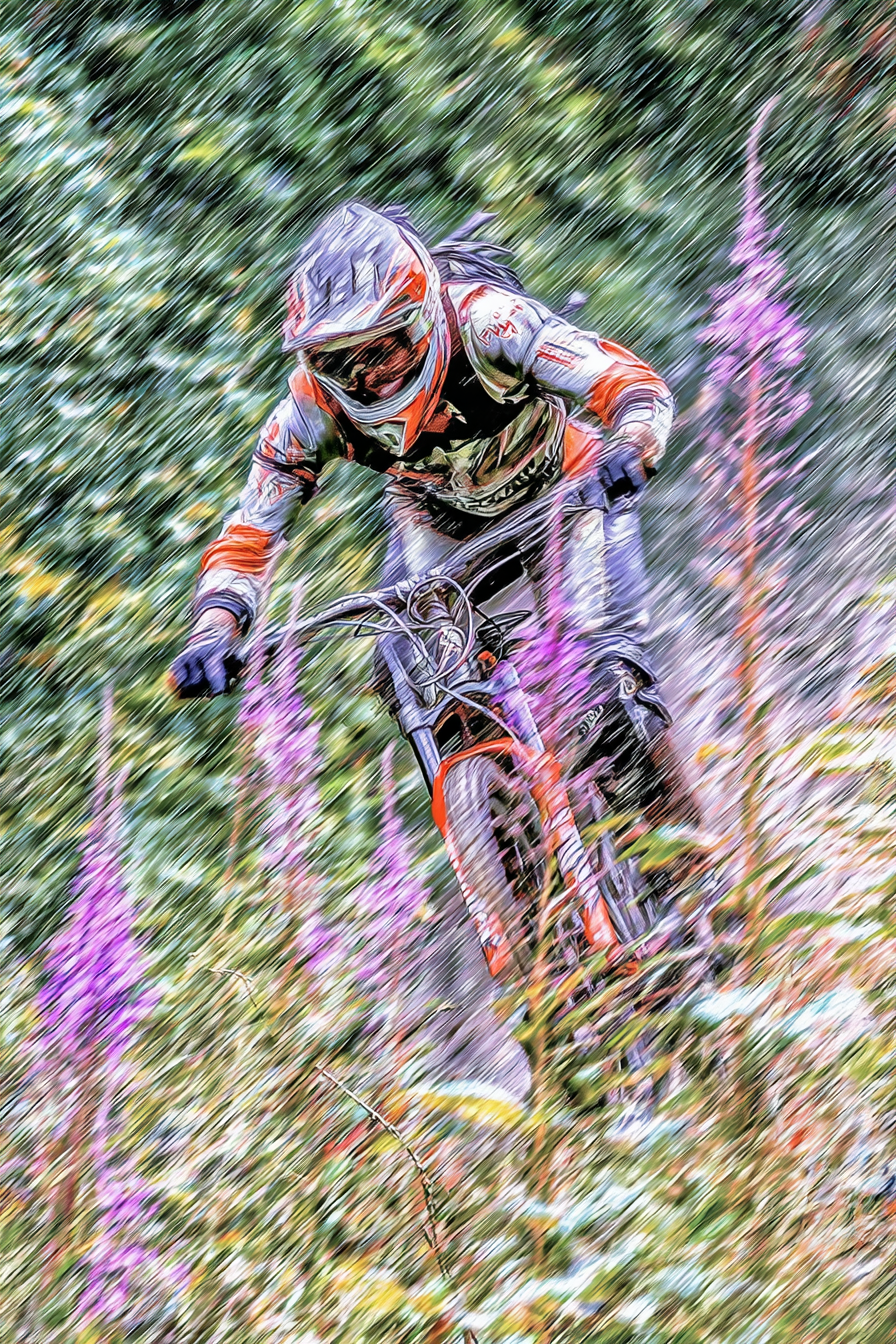 Bergfahrer Auf Trail Mit Purpurblumen Im Natur Setting | Sport und Bewegung | Themen und Hobbys