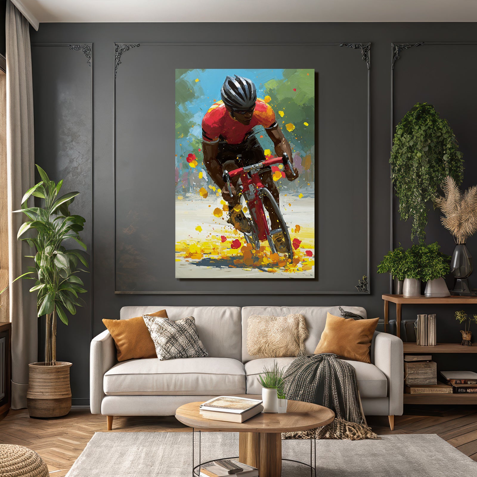 Dynamischer Cyclist In Bewegung Rot Orange Jersey Auf Rotem Fahrrad